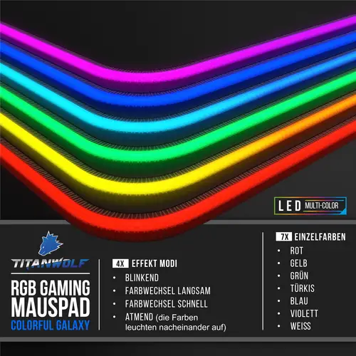 Titanwolf RGB Gaming Mauspad, Mousepad XL 800 x 300mm verbessert Präzision & Geschwindigkeit, Farbige Galaxie Titanwolf RGB Gaming Mauspad, Mousepad XL 800 x 300mm verbessert Präzision & Geschwindigkeit, Farbige Galaxie