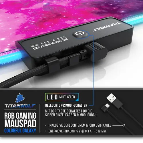 Titanwolf RGB Gaming Mauspad, Mousepad XL 800 x 300mm verbessert Präzision & Geschwindigkeit, Farbige Galaxie Titanwolf RGB Gaming Mauspad, Mousepad XL 800 x 300mm verbessert Präzision & Geschwindigkeit, Farbige Galaxie