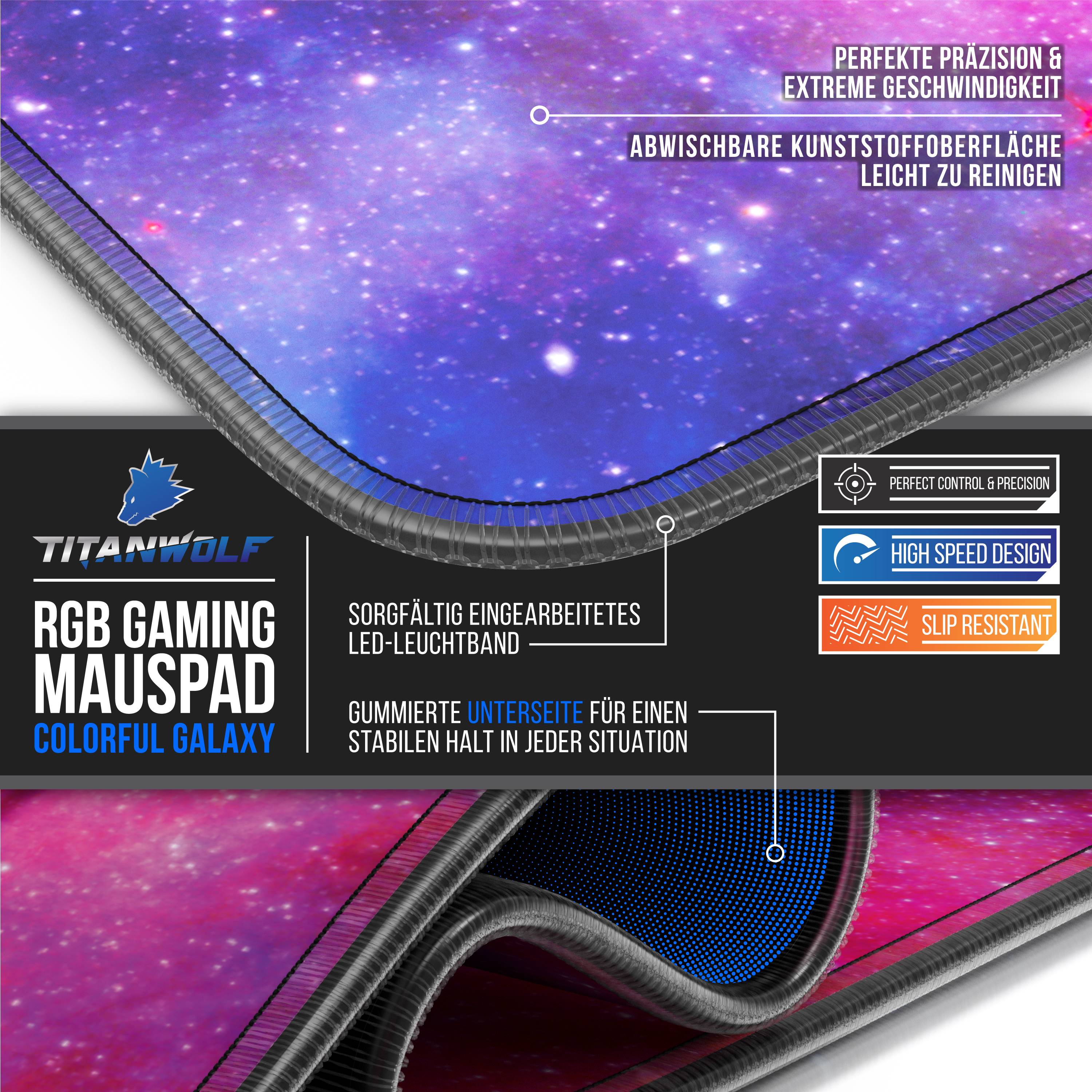 Titanwolf RGB Gaming Mauspad, Mousepad XL 800 x 300mm verbessert Präzision & Geschwindigkeit, Farbige Galaxie
