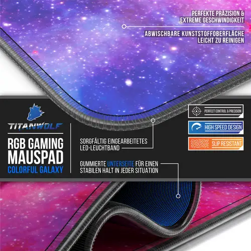 Titanwolf RGB Gaming Mauspad, Mousepad XL 800 x 300mm verbessert Präzision & Geschwindigkeit, Farbige Galaxie Titanwolf RGB Gaming Mauspad, Mousepad XL 800 x 300mm verbessert Präzision & Geschwindigkeit, Farbige Galaxie