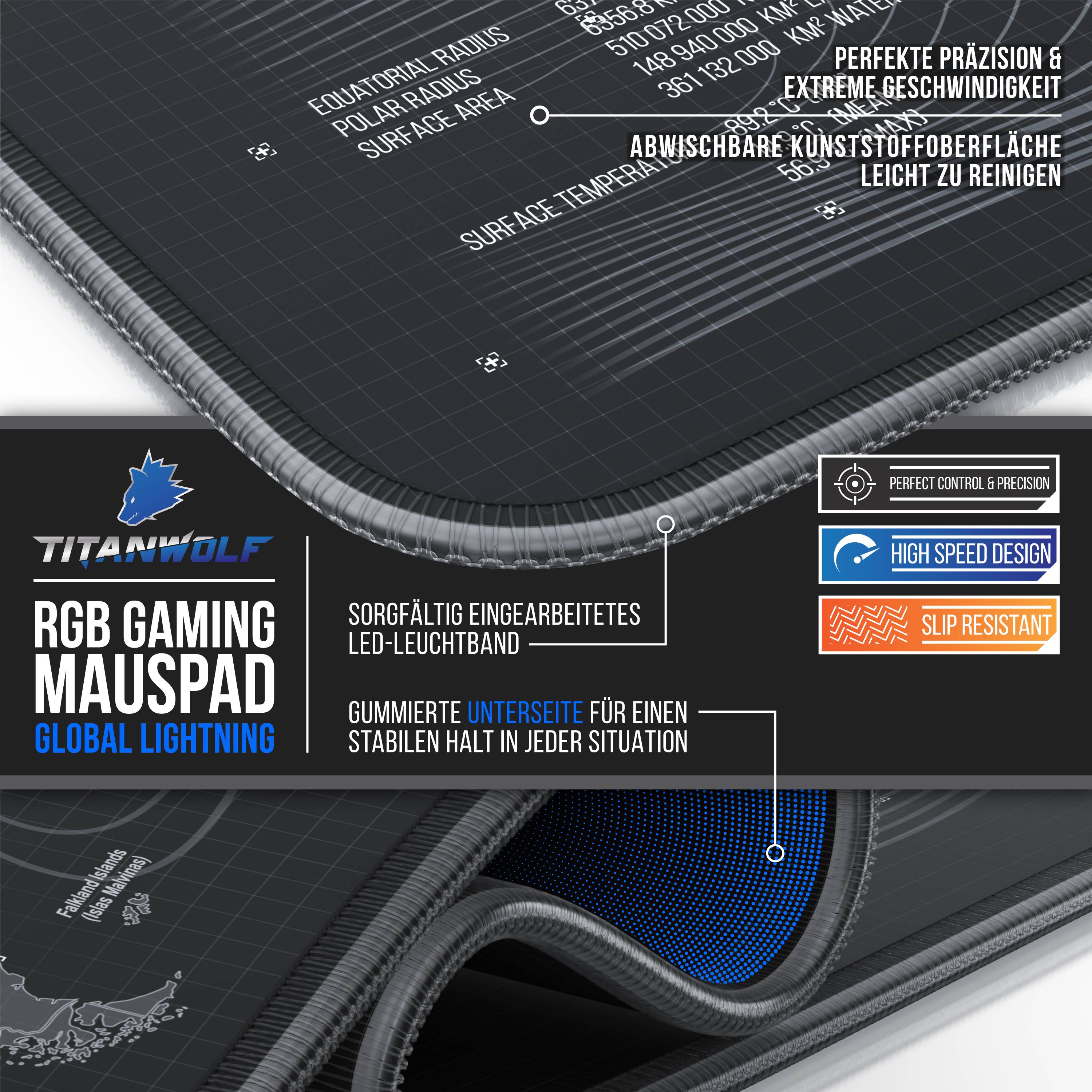 Titanwolf RGB Gaming Mauspad, Mousepad 900 x 400 mm, verbessert Präzision & Geschwindigkeit, Weltkarte Global