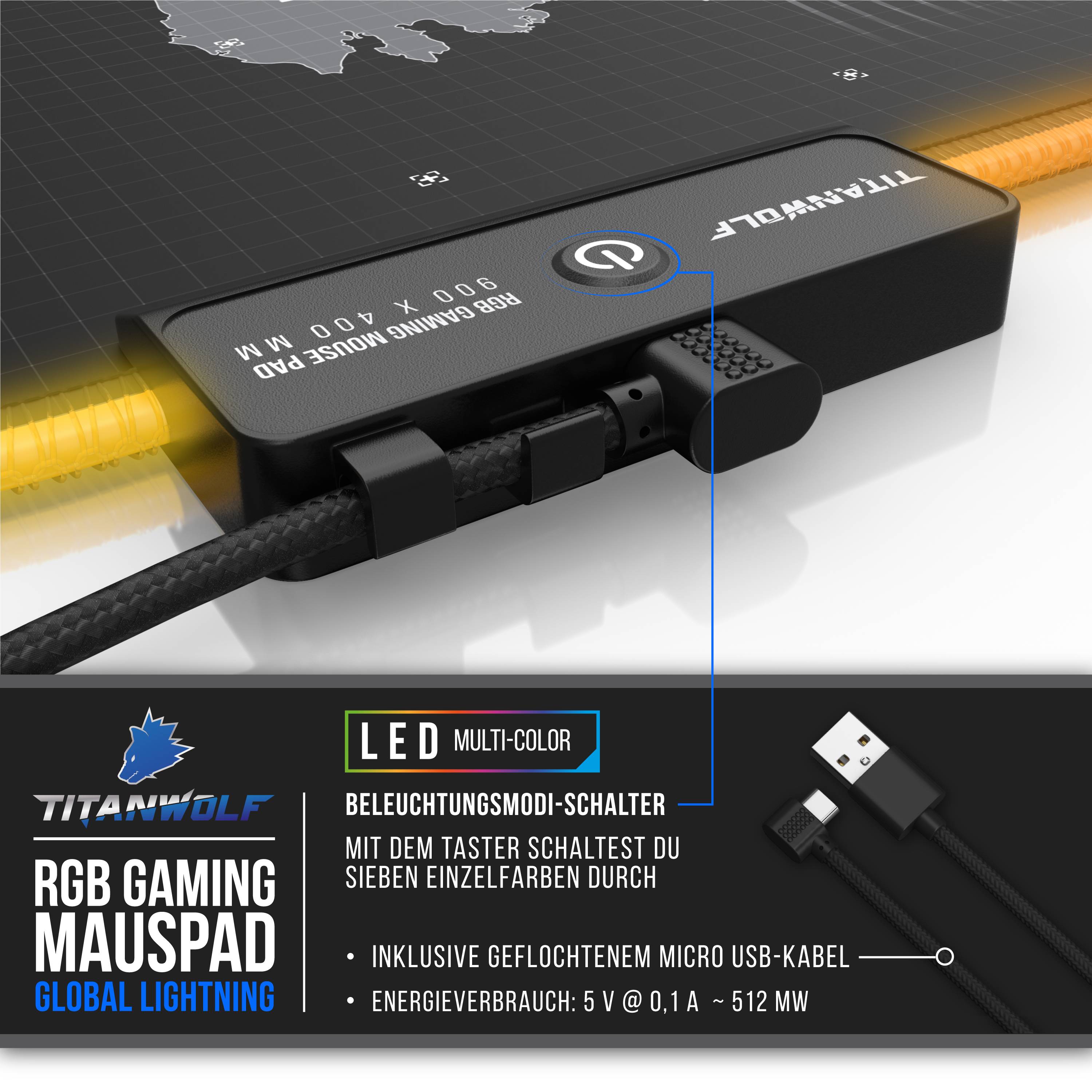 Titanwolf RGB Gaming Mauspad, Mousepad 900 x 400 mm, verbessert Präzision & Geschwindigkeit, Weltkarte Global