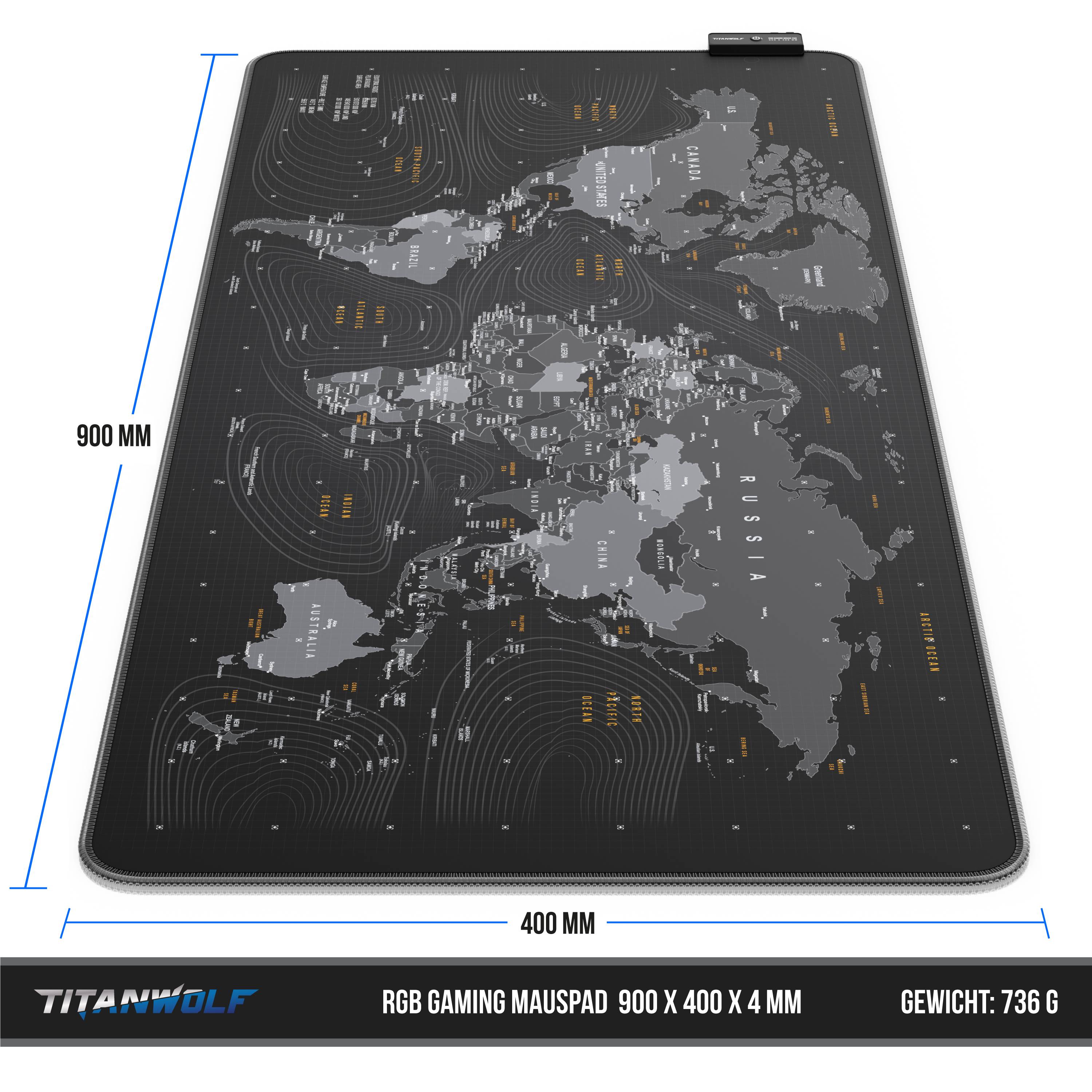 Titanwolf RGB Gaming Mauspad, Mousepad 900 x 400 mm, verbessert Präzision & Geschwindigkeit, Weltkarte Global