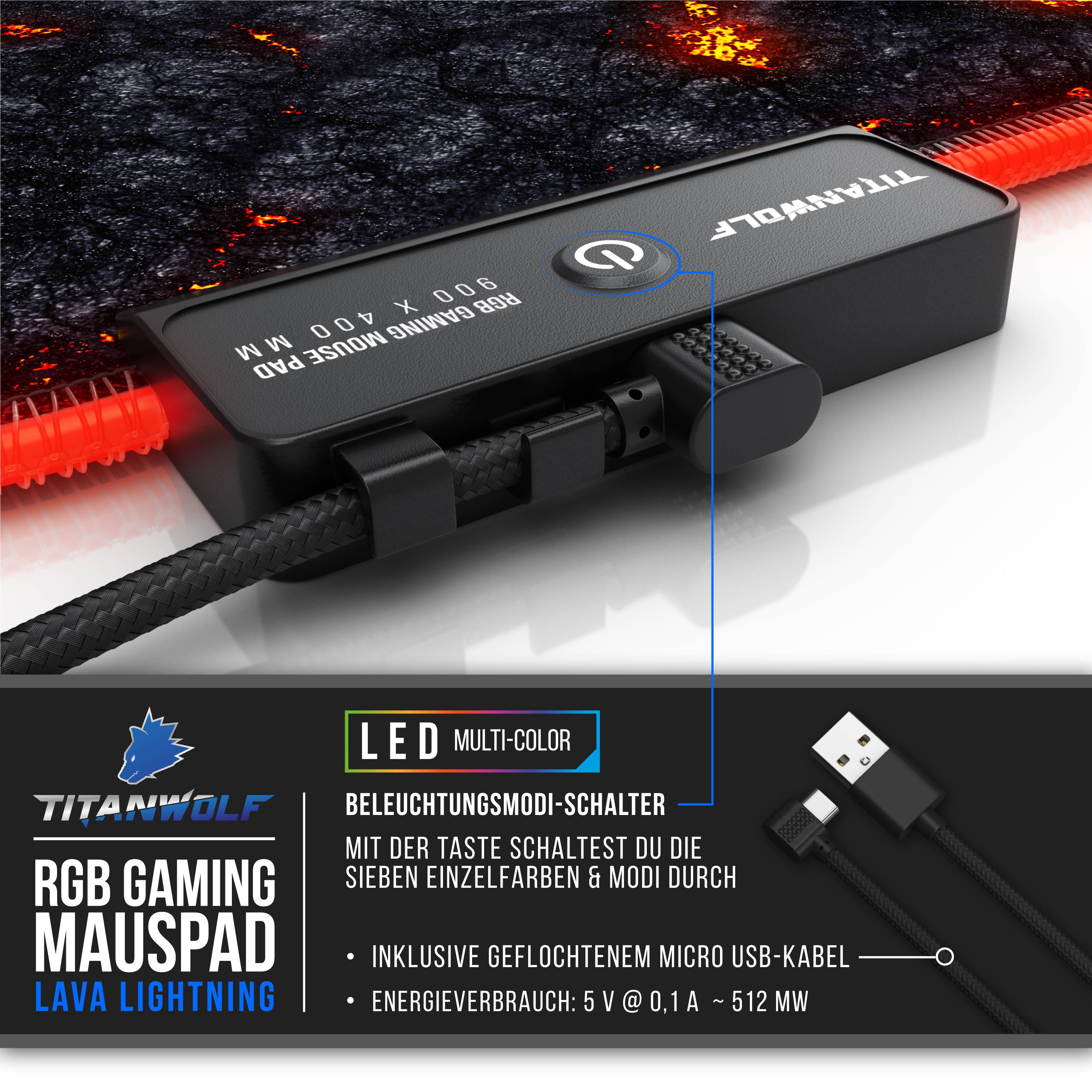 Titanwolf RGB Gaming Mauspad, Mousepad 900 x 400 mm, verbessert Präzision & Geschwindigkeit, Lavamotiv