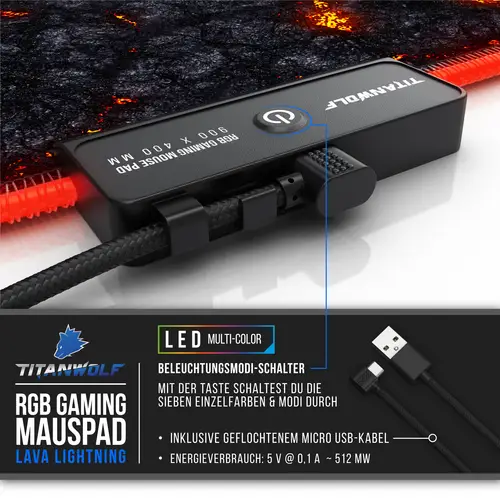 Titanwolf RGB Gaming Mauspad, Mousepad 900 x 400 mm, verbessert Präzision & Geschwindigkeit, Lavamotiv Titanwolf RGB Gaming Mauspad, Mousepad 900 x 400 mm, verbessert Präzision & Geschwindigkeit, Lavamotiv