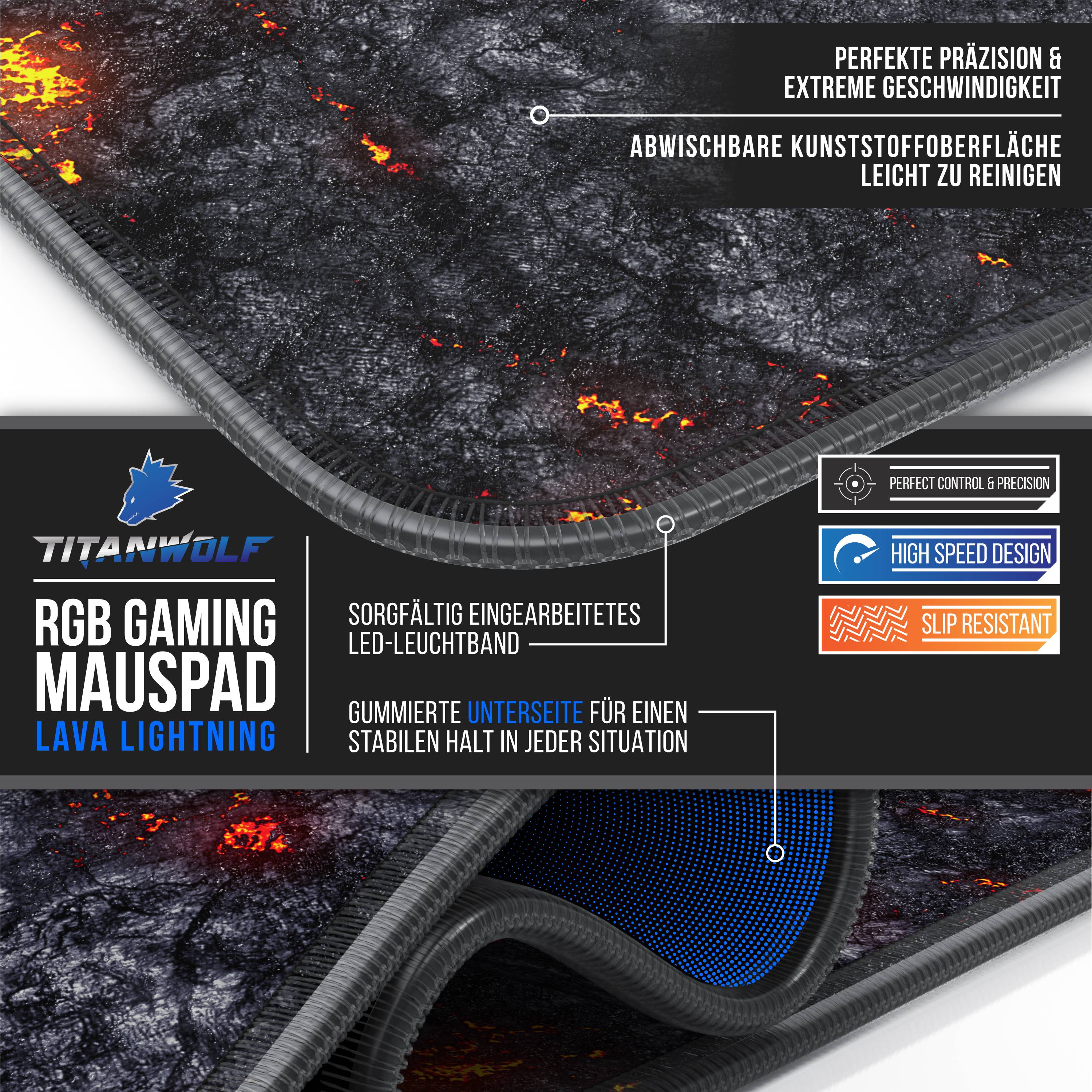 Titanwolf RGB Gaming Mauspad, Mousepad 900 x 400 mm, verbessert Präzision & Geschwindigkeit, Lavamotiv