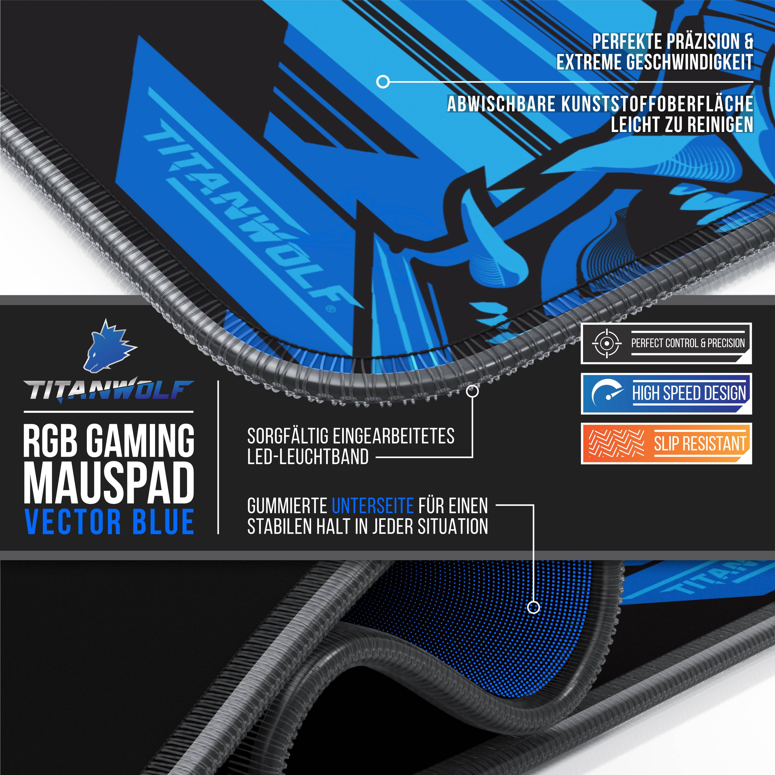 Titanwolf RGB Gaming Mauspad, Mousepad XL 800 x 300mm verbessert Präzision & Geschwindigkeit, Vector Blau