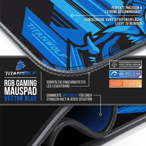 Titanwolf RGB Gaming Mauspad, Mousepad XL 800 x 300mm verbessert Präzision & Geschwindigkeit, Vector Blau Titanwolf RGB Gaming Mauspad, Mousepad XL 800 x 300mm verbessert Präzision & Geschwindigkeit, Vector Blau