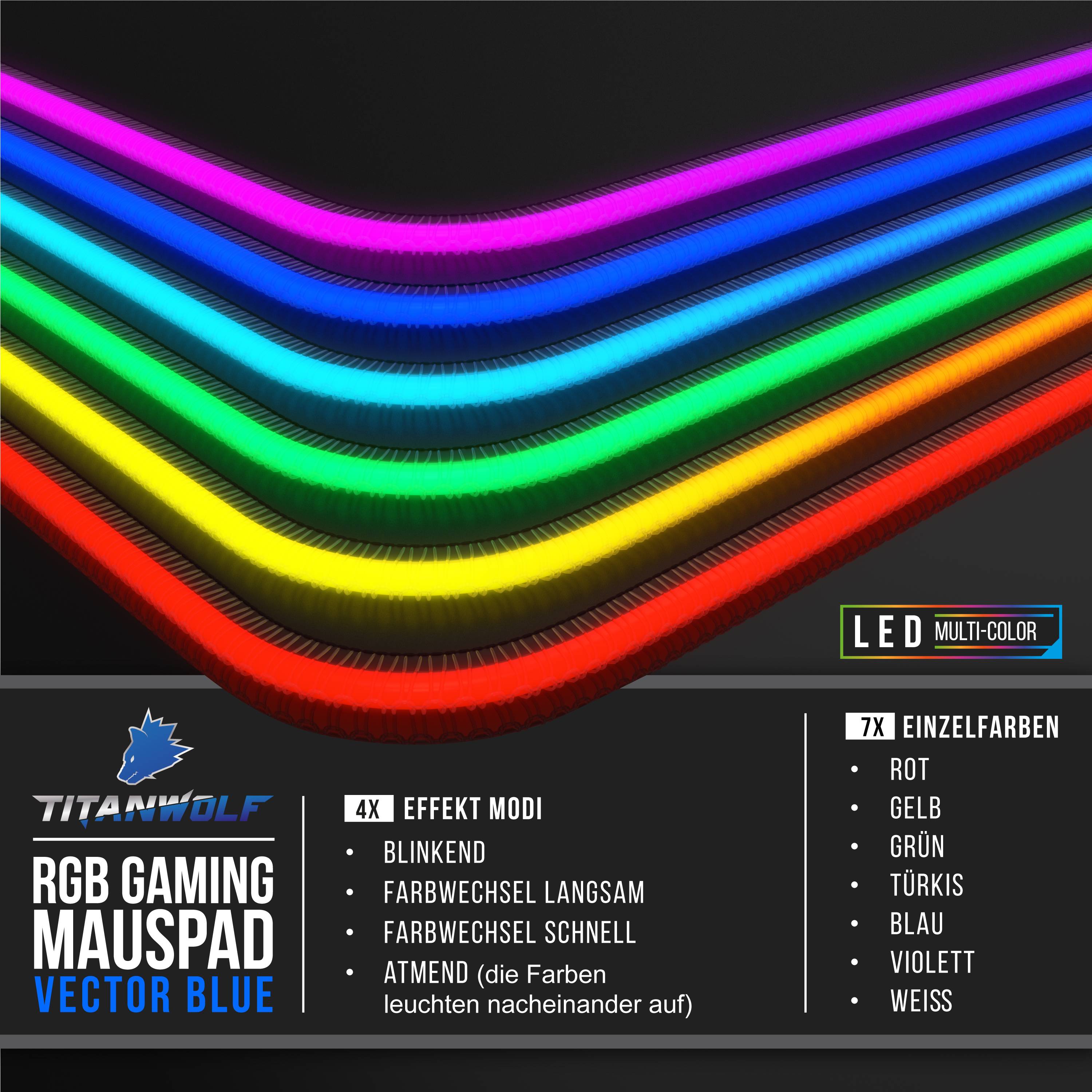 Titanwolf RGB Gaming Mauspad, Mousepad XL 800 x 300mm verbessert Präzision & Geschwindigkeit, Vector Blau