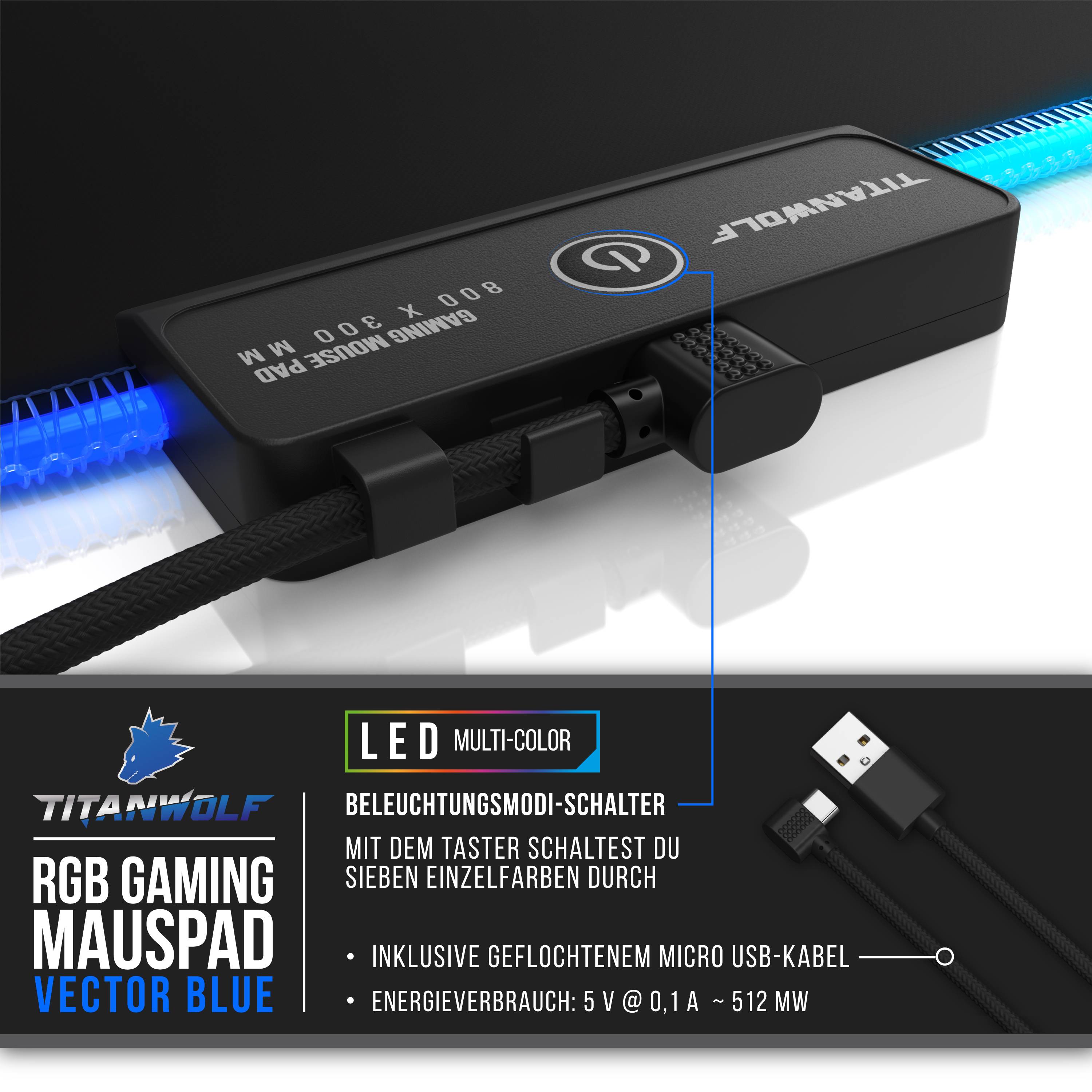 Titanwolf RGB Gaming Mauspad, Mousepad XL 800 x 300mm verbessert Präzision & Geschwindigkeit, Vector Blau