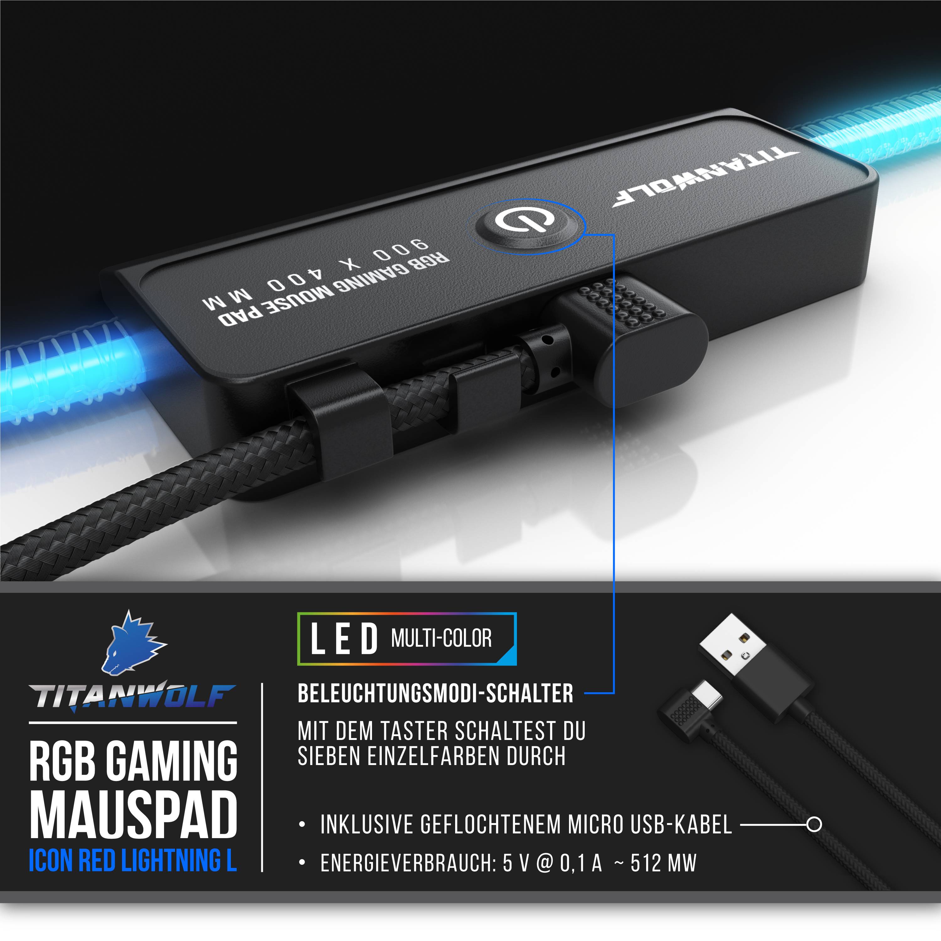 Titanwolf RGB Gaming Mauspad XL 900 x 400 mm Mousepad - verbessert Präzision & Geschwindigkeit