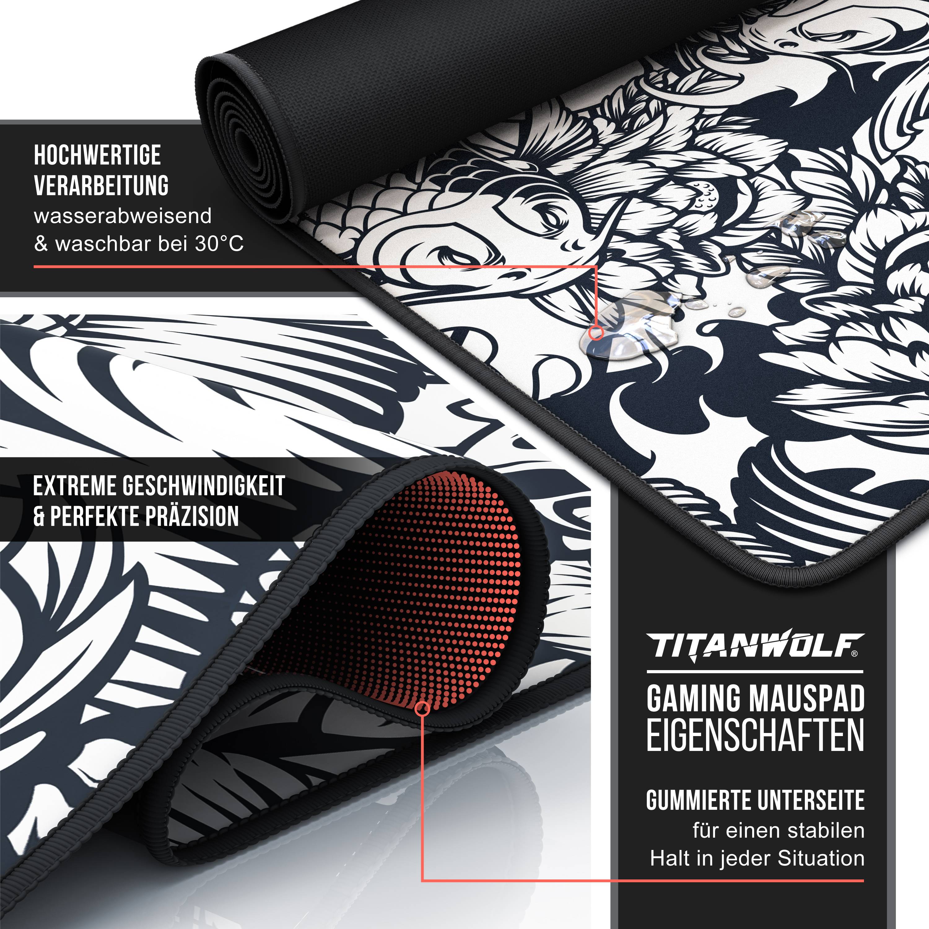 Titanwolf Gaming Mauspad, 900 x 400mm XXL Mousepad, verbessert Präzision & Geschwindigkeit, Koi Tattoo