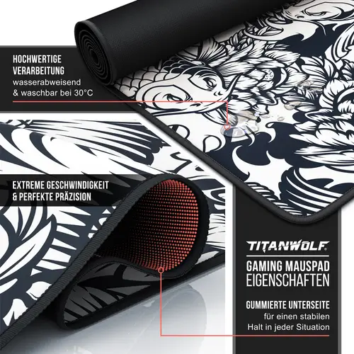 Titanwolf Gaming Mauspad, 900 x 400mm XXL Mousepad, verbessert Präzision & Geschwindigkeit, Koi Tattoo Titanwolf Gaming Mauspad, 900 x 400mm XXL Mousepad, verbessert Präzision & Geschwindigkeit, Koi Tattoo