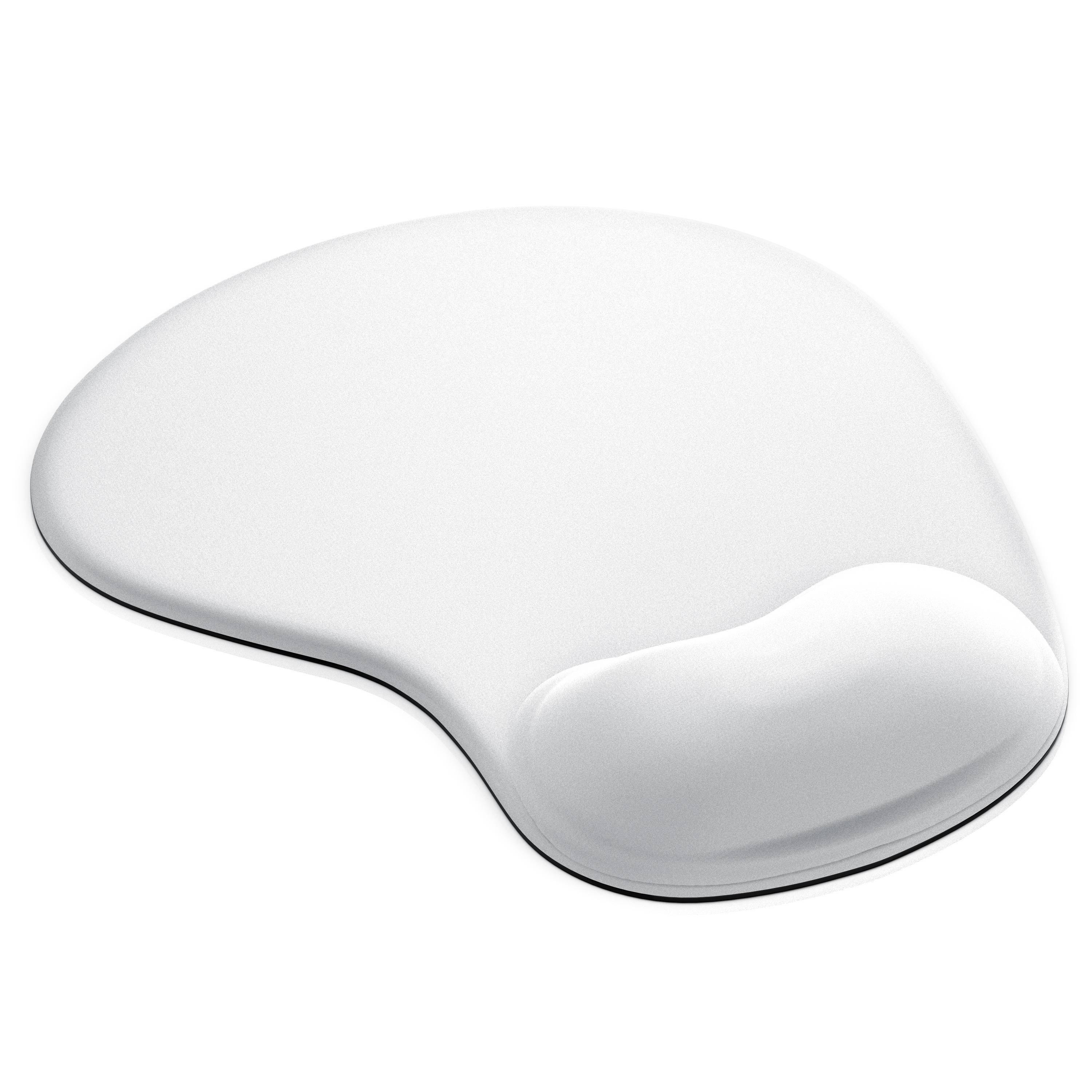 Weiße ergonomische Handgelenkauflage mit gekrümmter, gepolsterter Stütze für eine Computertastatur oder Maus auf einem einfachen weißen Hintergrund.