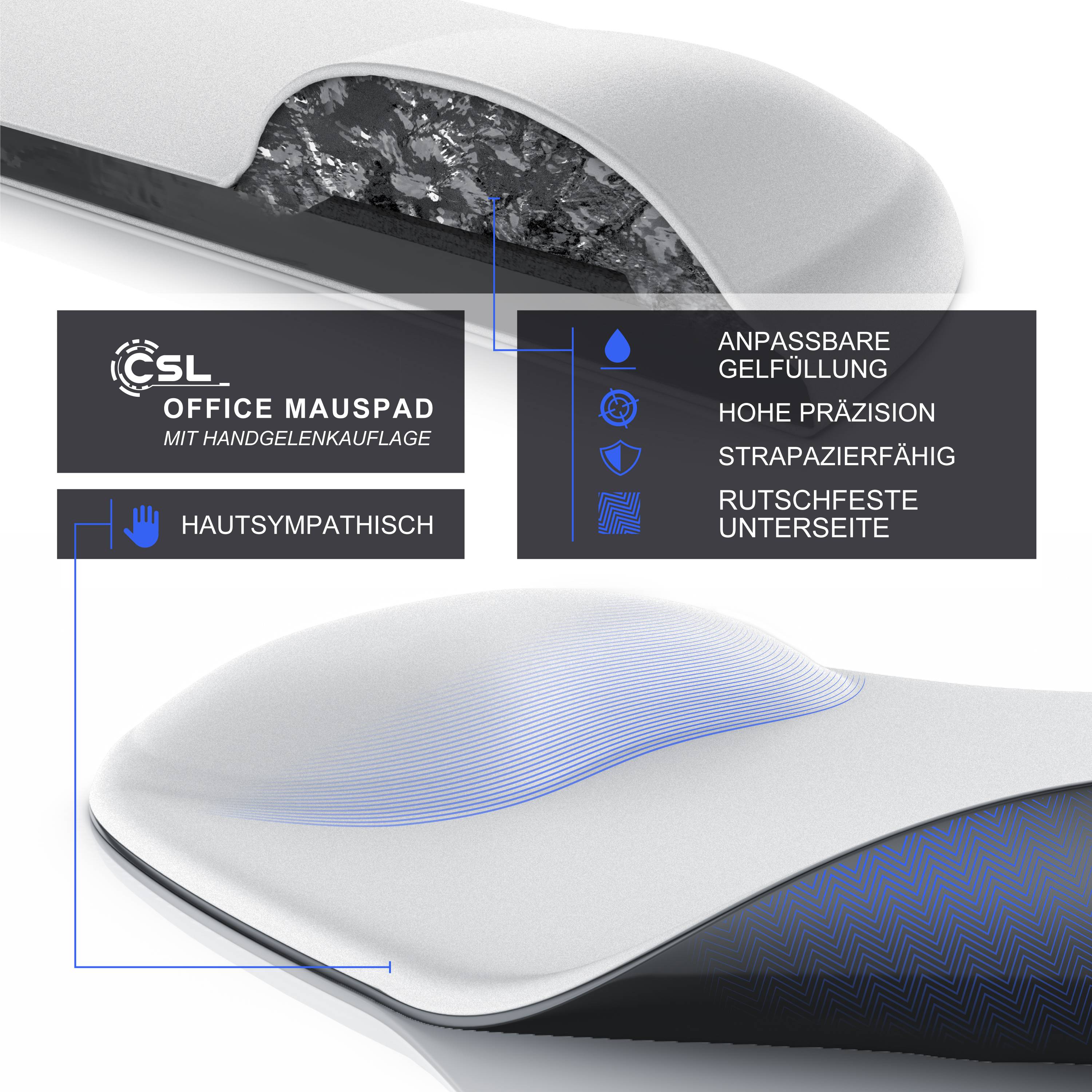 Produktgrafik einer CSL Büromausunterlage mit Gelpolsterung, hohe Präzision, langlebig, rutschfeste Unterseite und hautfreundliche Oberfläche.
