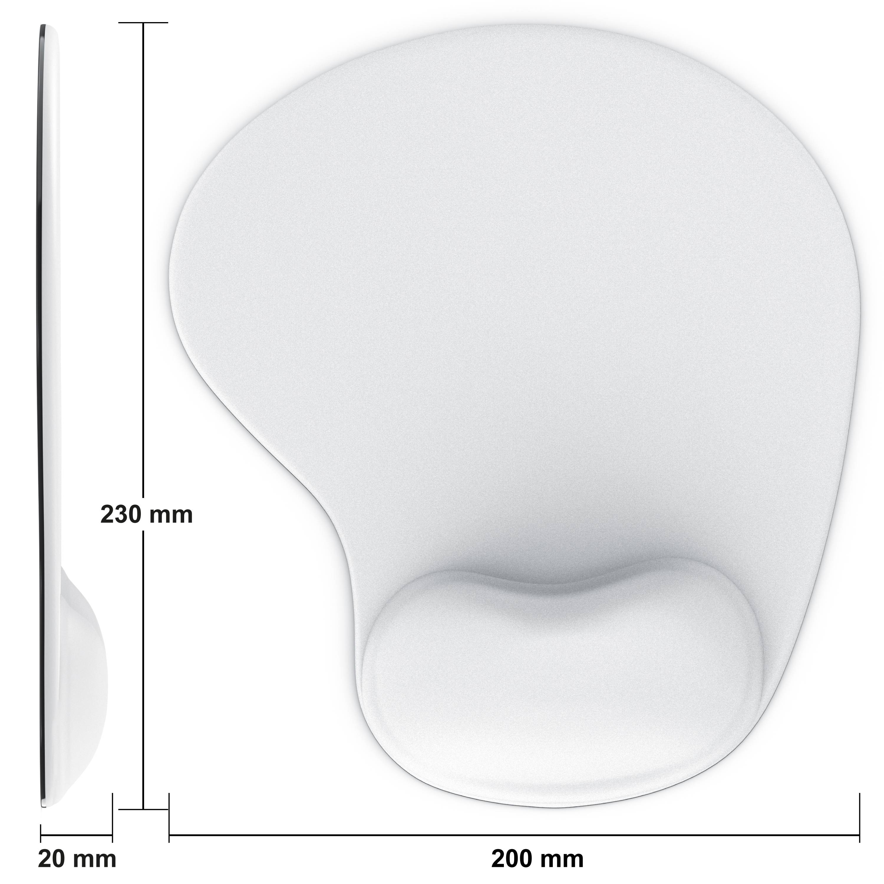 Weiße ergonomische Mausunterlage mit Handgelenksauflage, abgebildet mit Größenmessungen: 230 mm Höhe, 200 mm Breite, 20 mm Dicke.