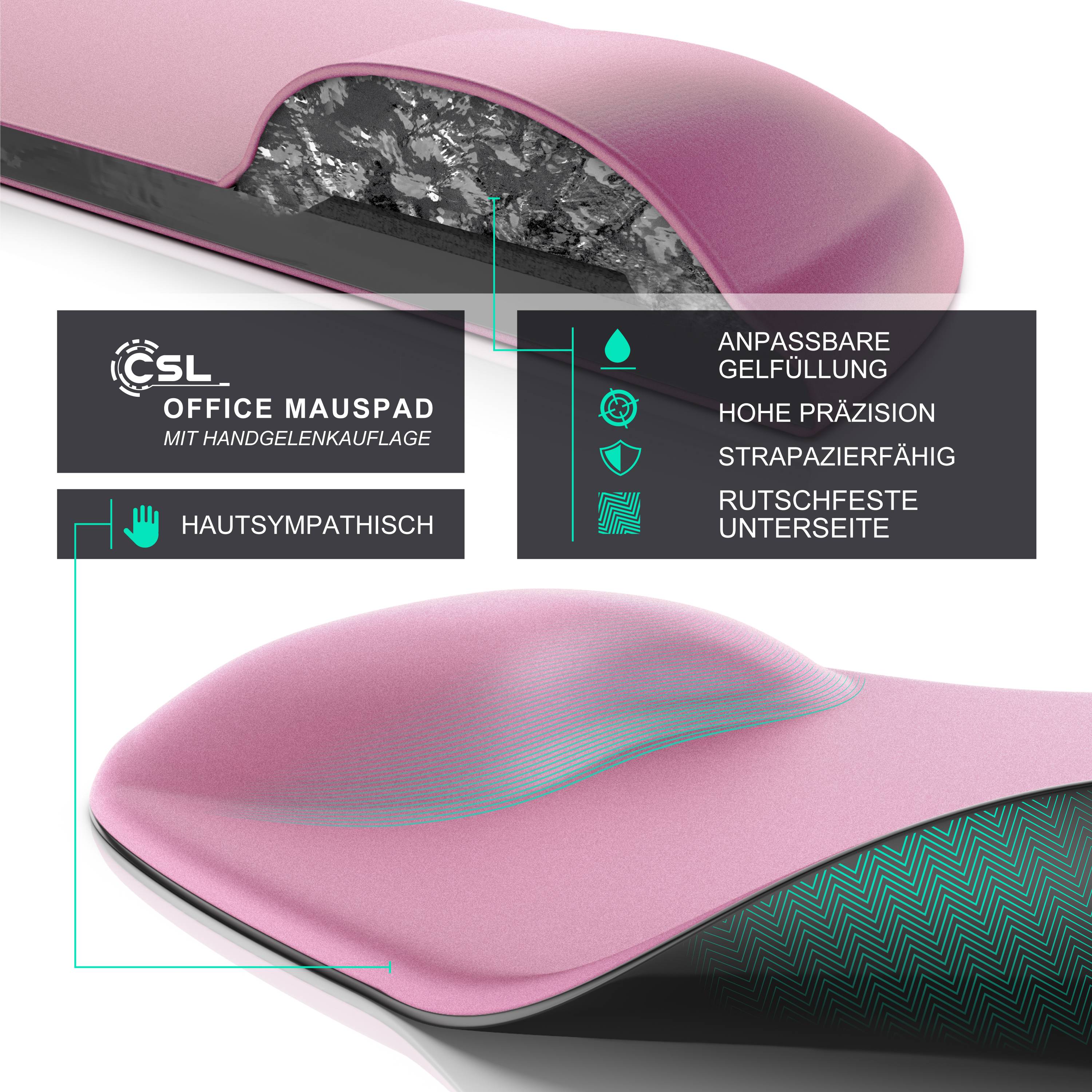 CSL Mauspad mit Gelkissen & Handgelenkauflage, Komfort Office Mousepad, dunkelrosa