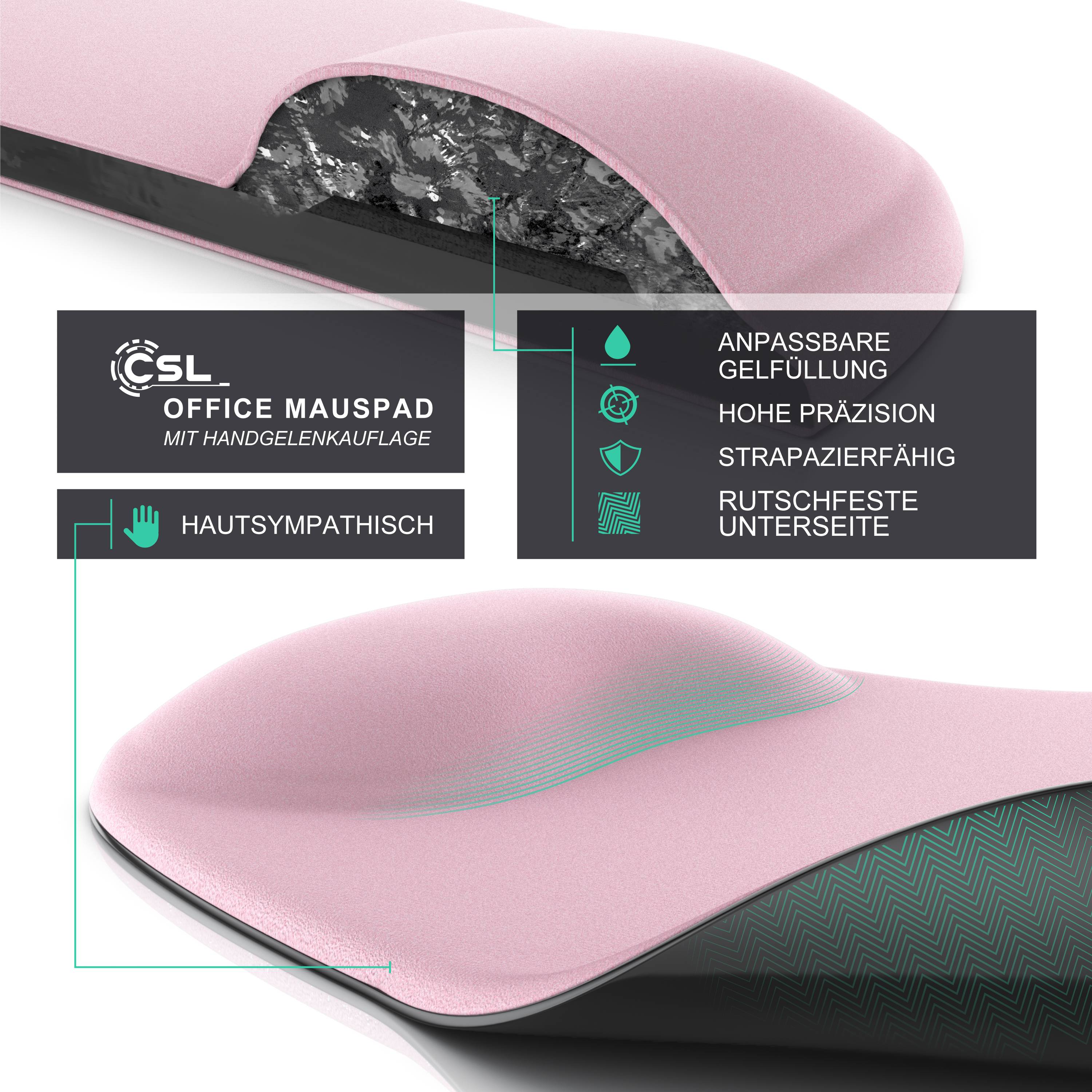 CSL Mauspad mit Gelkissen & Handgelenkauflage, Komfort Office Mousepad, hellrosa