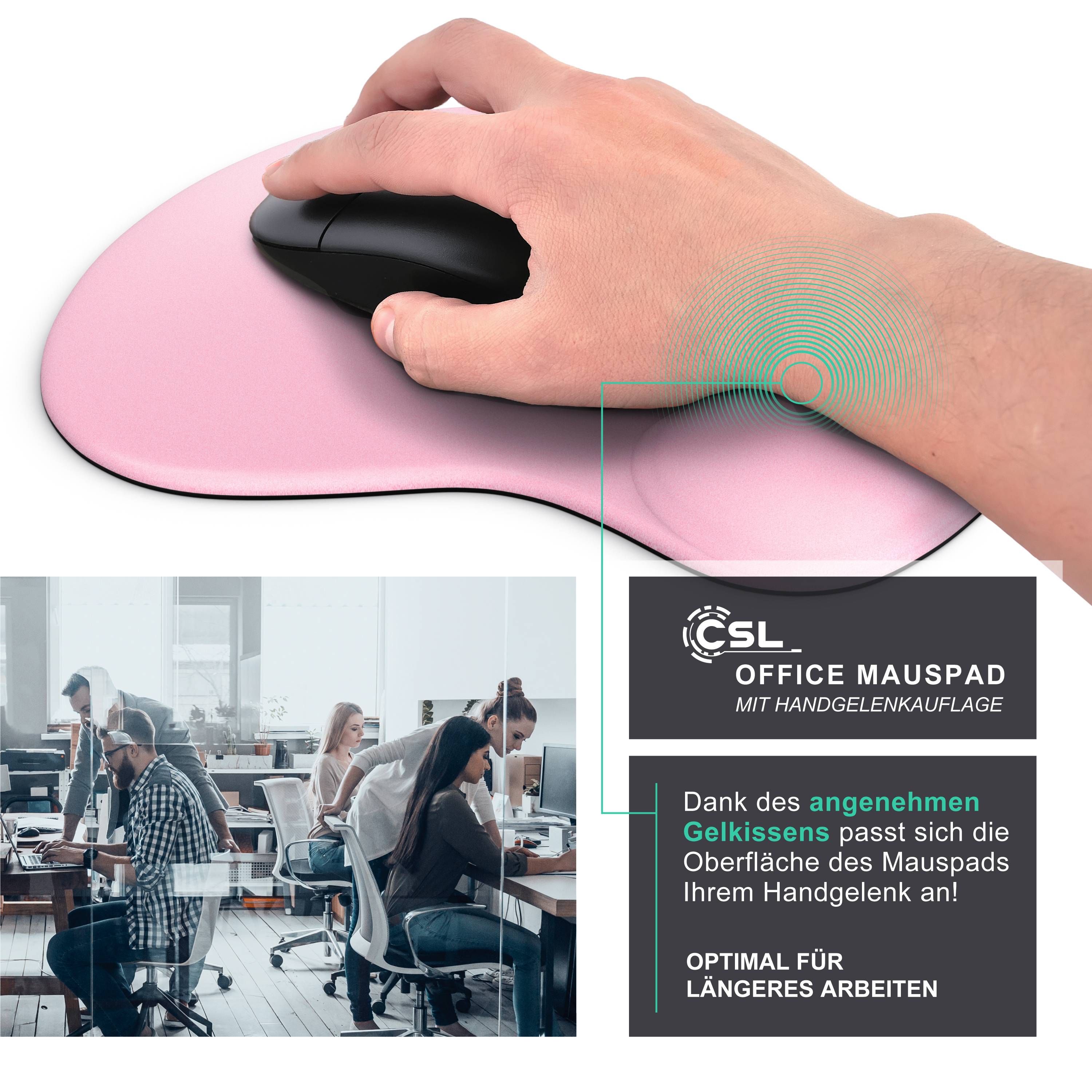 CSL Mauspad mit Gelkissen & Handgelenkauflage, Komfort Office Mousepad, hellrosa