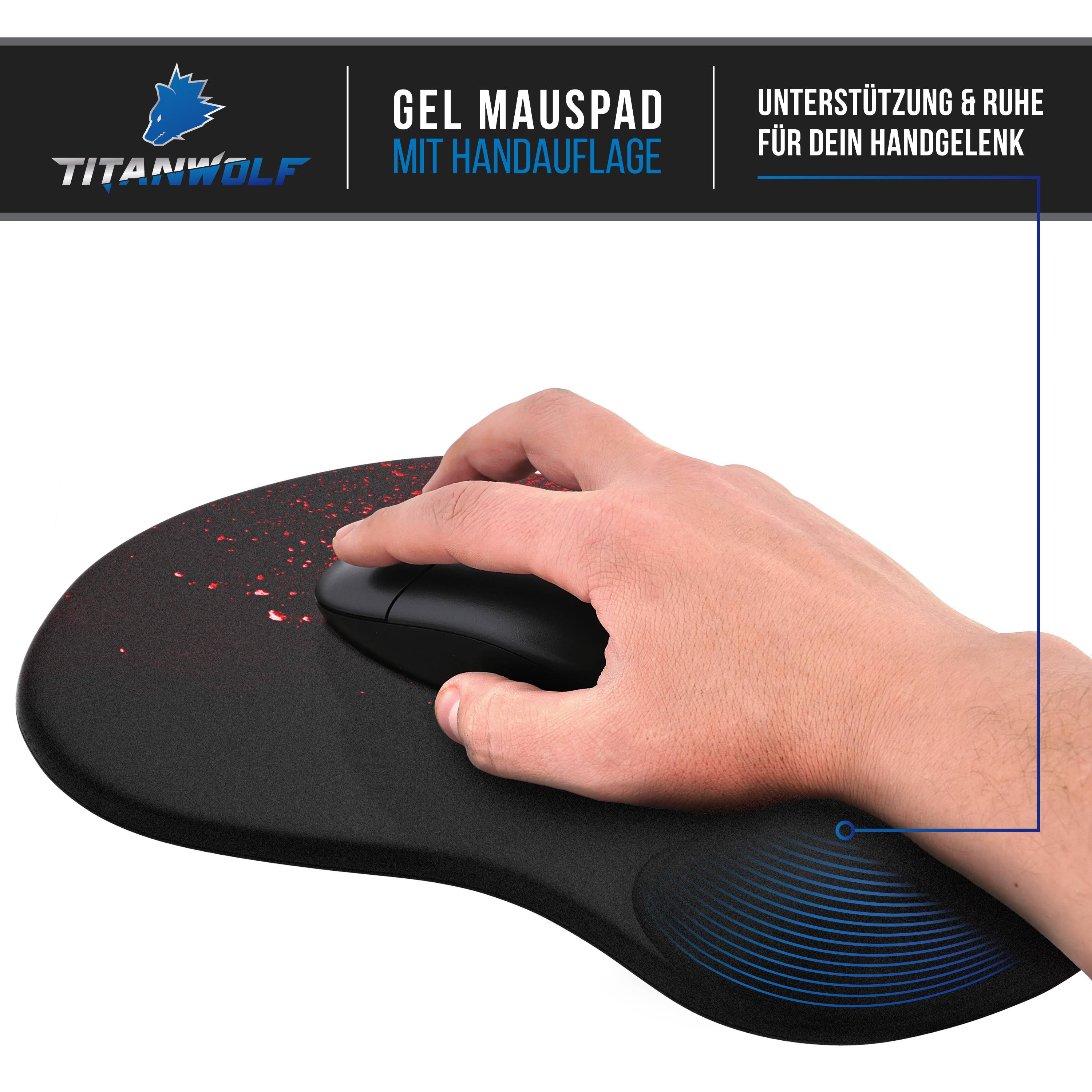 Titanwolf Gaming Mauspad mit ergonomischer Handgelenkauflage, Office Mousepad mit Gelpolster, Blood