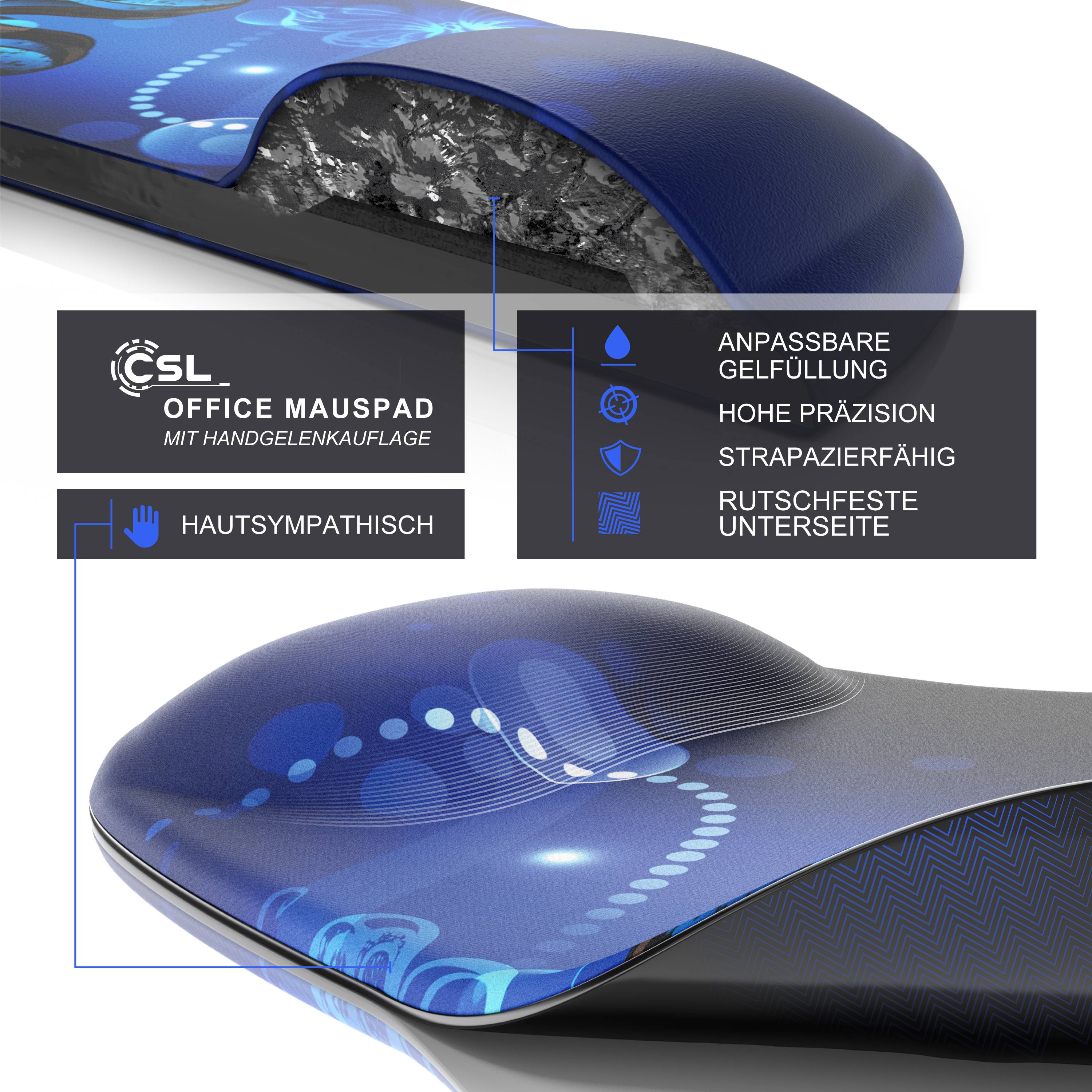 CSL Mauspad mit Gelkissen & Handgelenkauflage, Komfort Office Mousepad, butterfly