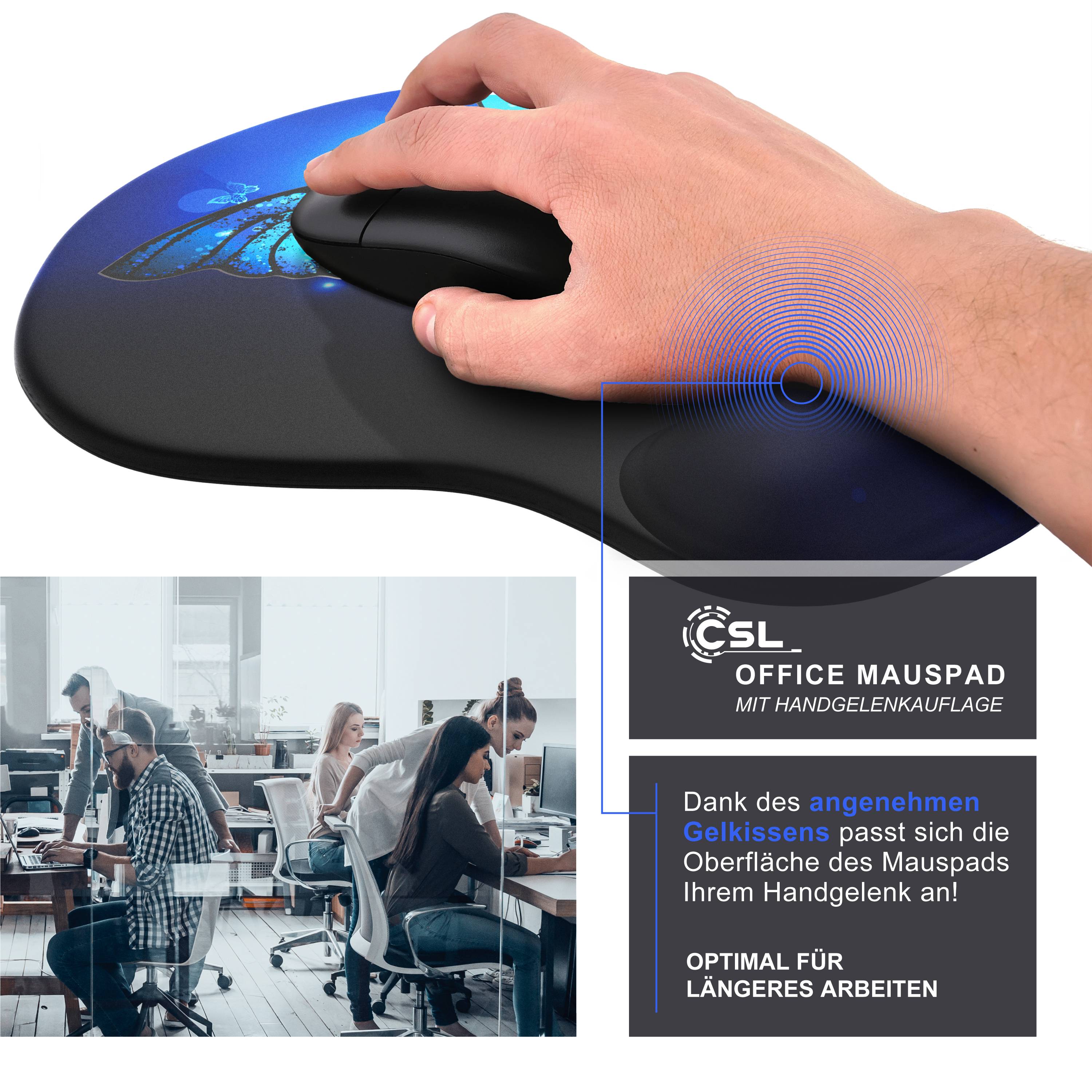 CSL Mauspad mit Gelkissen & Handgelenkauflage, Komfort Office Mousepad, butterfly