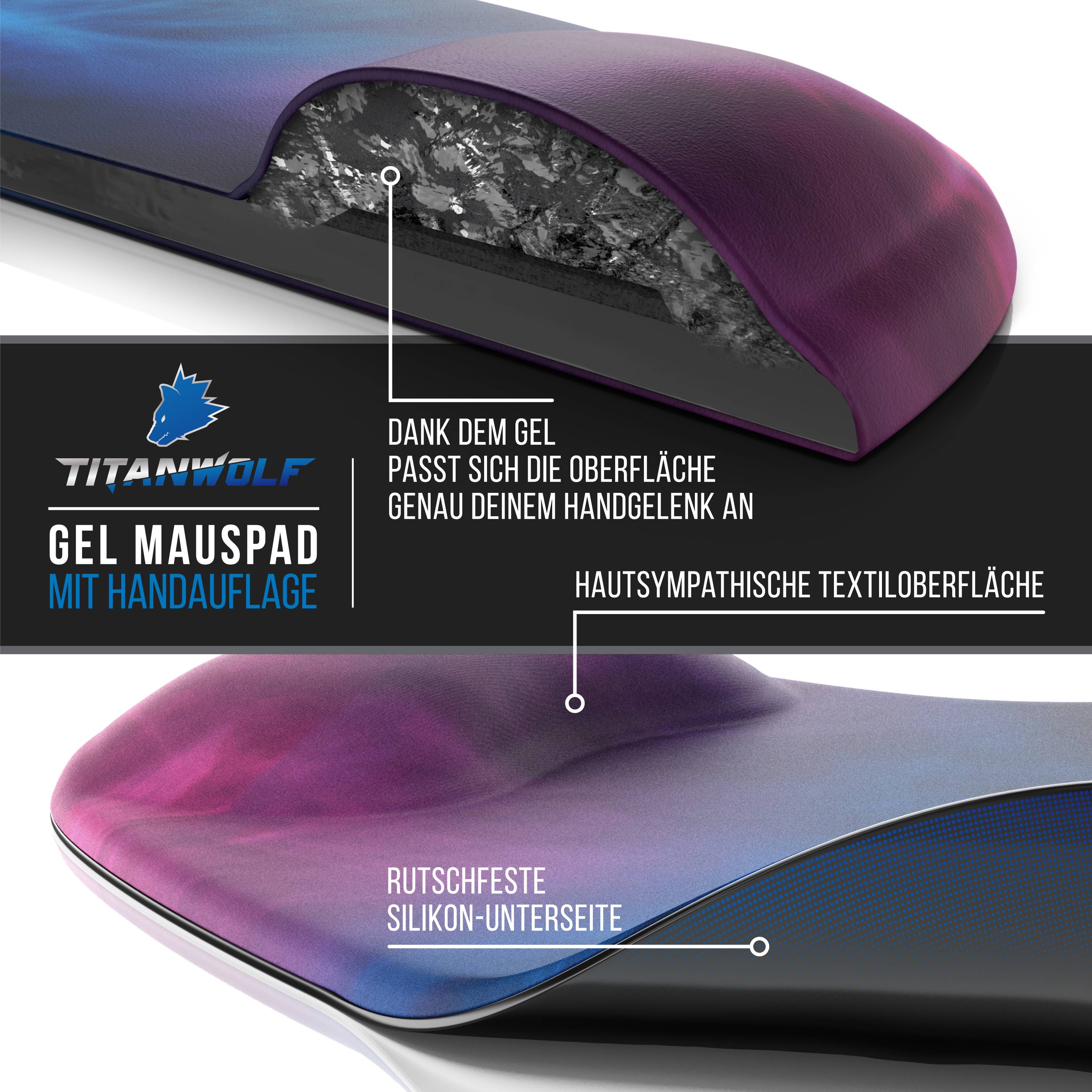 Titanwolf Gaming Mauspad mit ergonomischer Handgelenkauflage, Office Mousepad mit Gelpolster, Farbiger Rauch