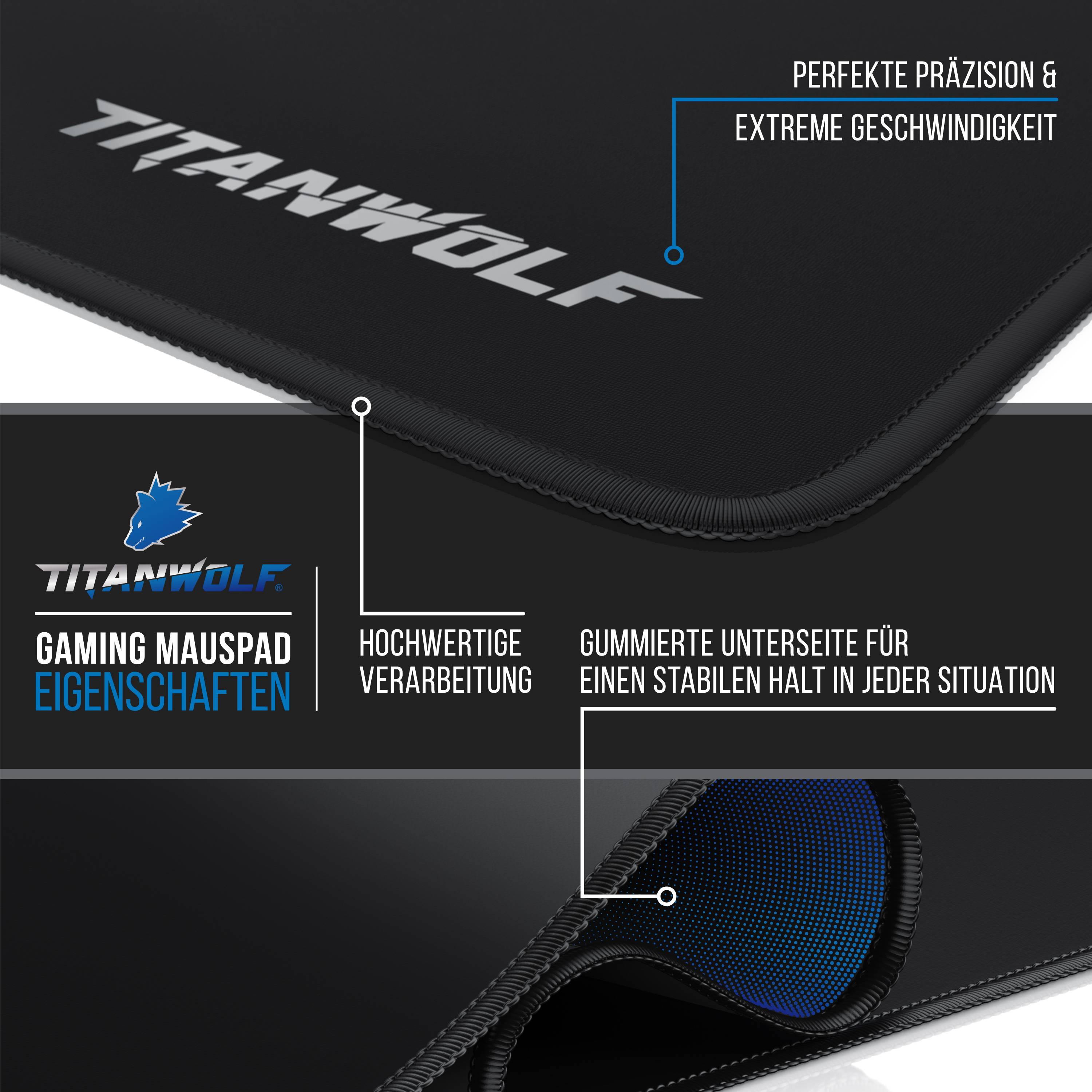 Titanwolf Gaming Mauspad, 900 x 400mm XXL Mousepad, verbessert Präzision & Geschwindigkeit, Titanwolf Schrift