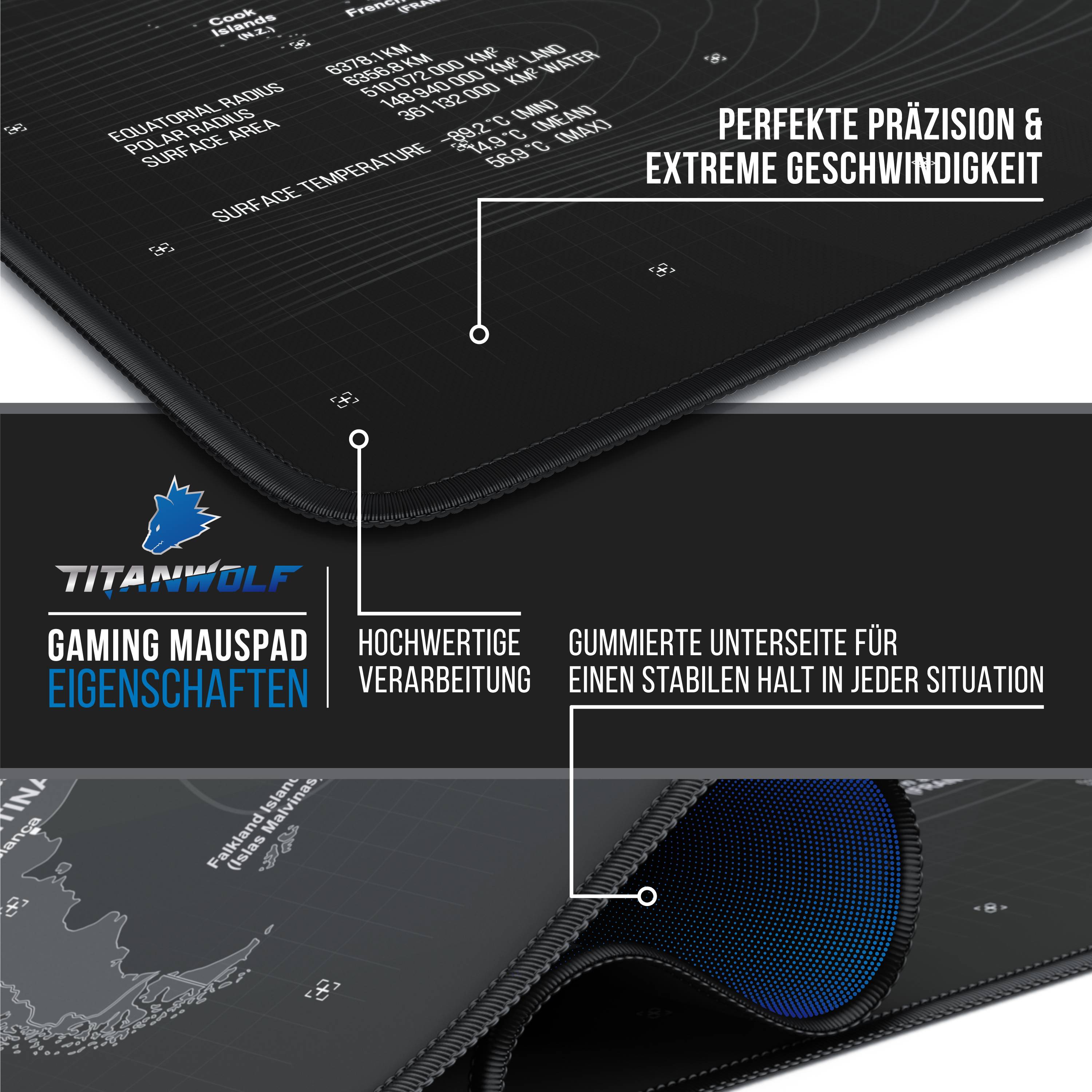 Titanwolf XXXL Übergröße Mauspad 1500x800mm, XXXL Großformat, Schreibtischauflage, gummierte Rückseite, rutschfest und abwaschbar, Gaming, Präzi