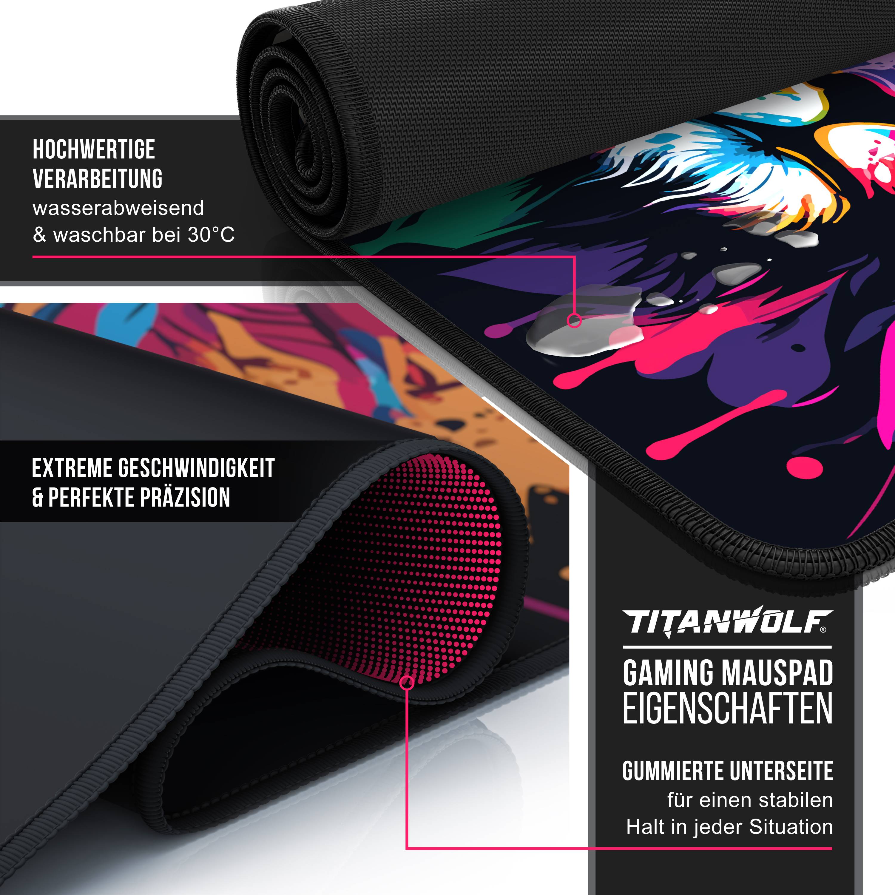 Titanwolf XXL Speed Gaming Mauspad Titanwolf Schwarz 900 x 400mm, XXL Mousepad, Tischunterlage Large Size, verbessert Präzision und Geschwindigkeit