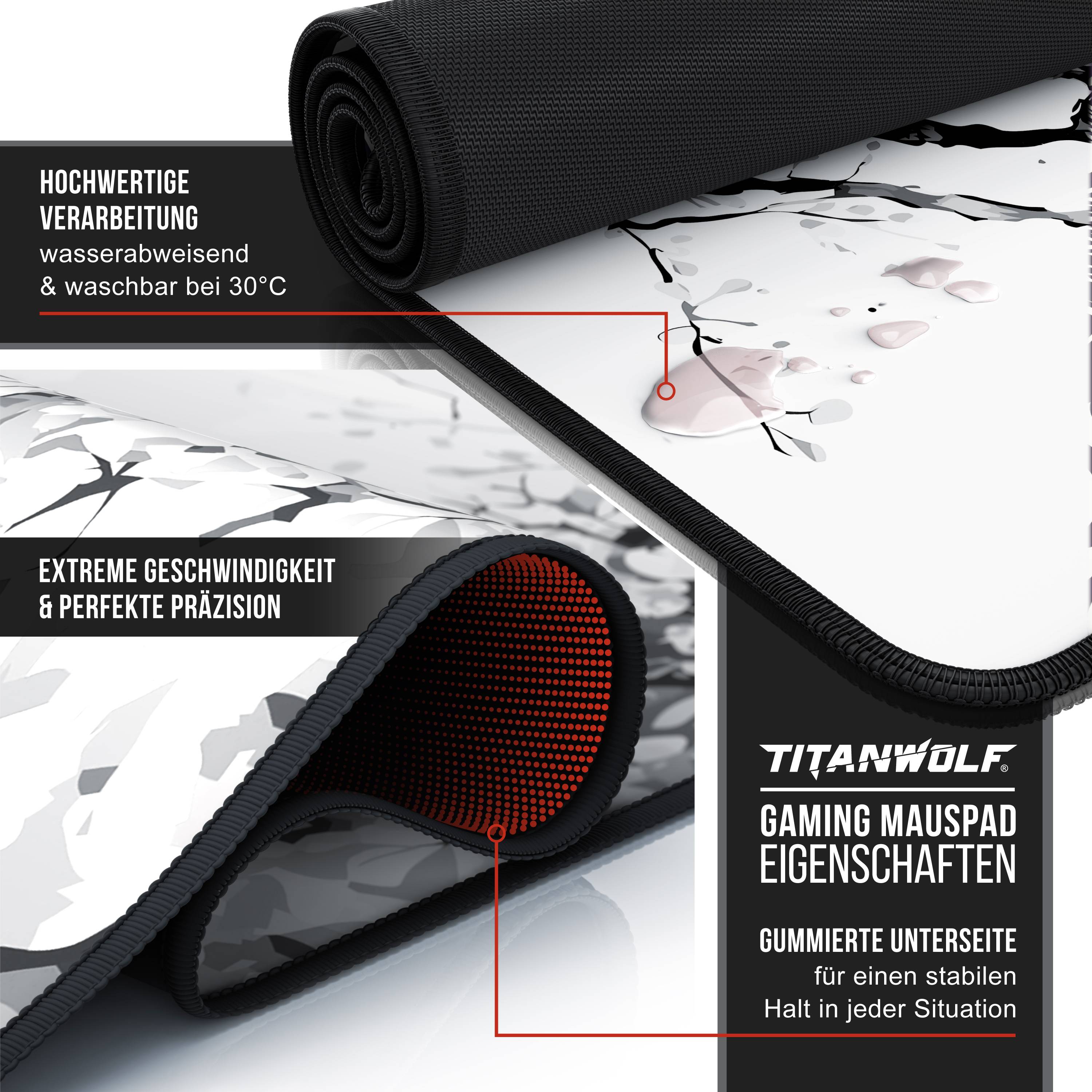 Titanwolf XXL Speed Gaming Mauspad Titanwolf Schwarz 900 x 400mm, XXL Mousepad, Tischunterlage Large Size, verbessert Präzision und Geschwindigkeit