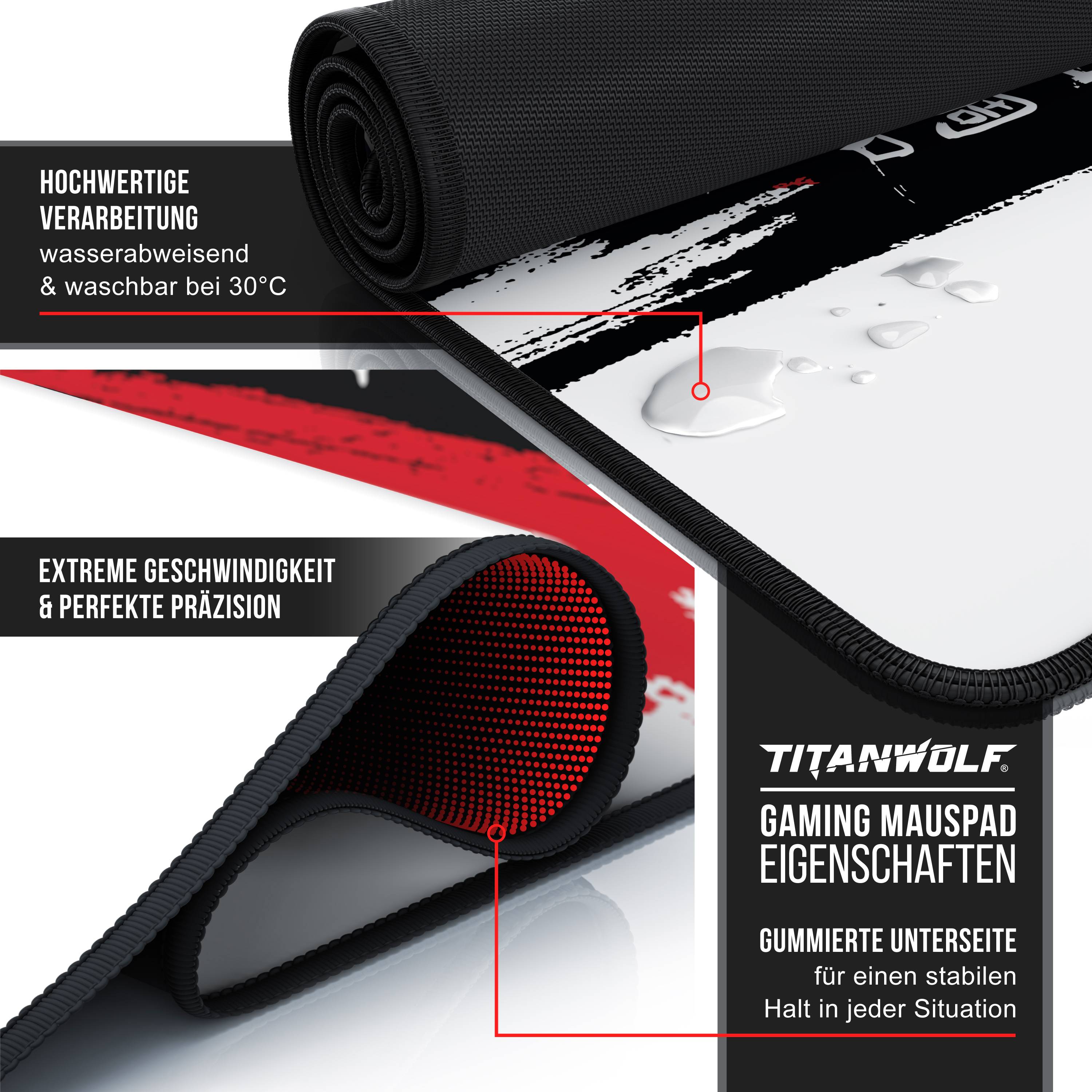 Titanwolf XXL Speed Gaming Mauspad Titanwolf Schwarz 900 x 400mm, XXL Mousepad, Tischunterlage Large Size, verbessert Präzision und Geschwindigkeit