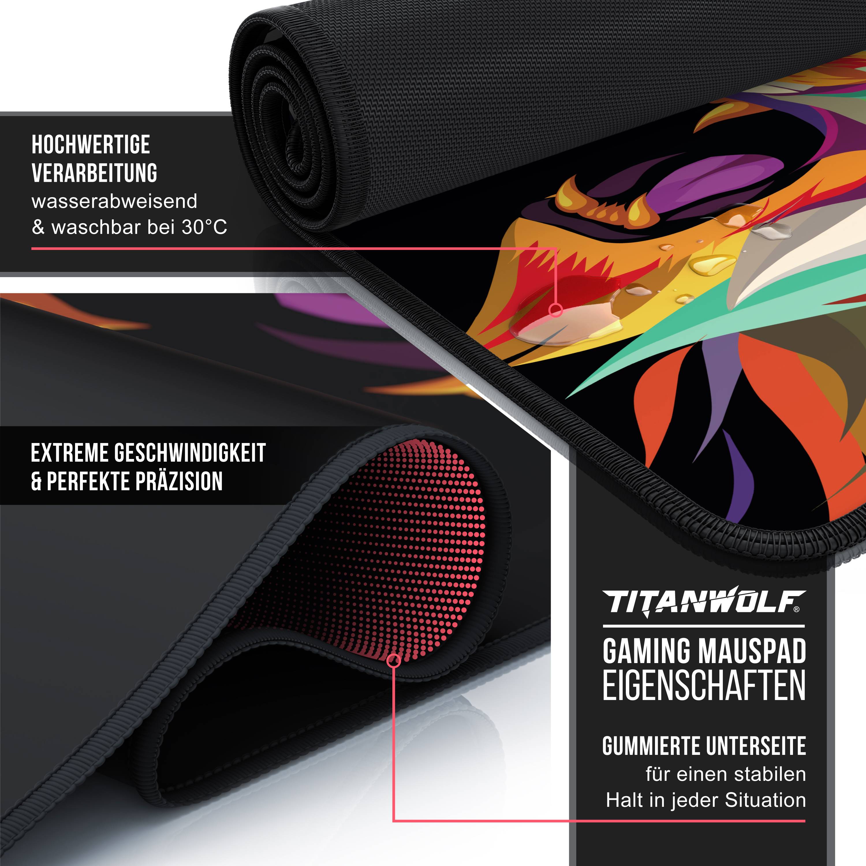 Titanwolf XXL Speed Gaming Mauspad Titanwolf Schwarz 900 x 400mm, XXL Mousepad, Tischunterlage Large Size, verbessert Präzision und Geschwindigkeit