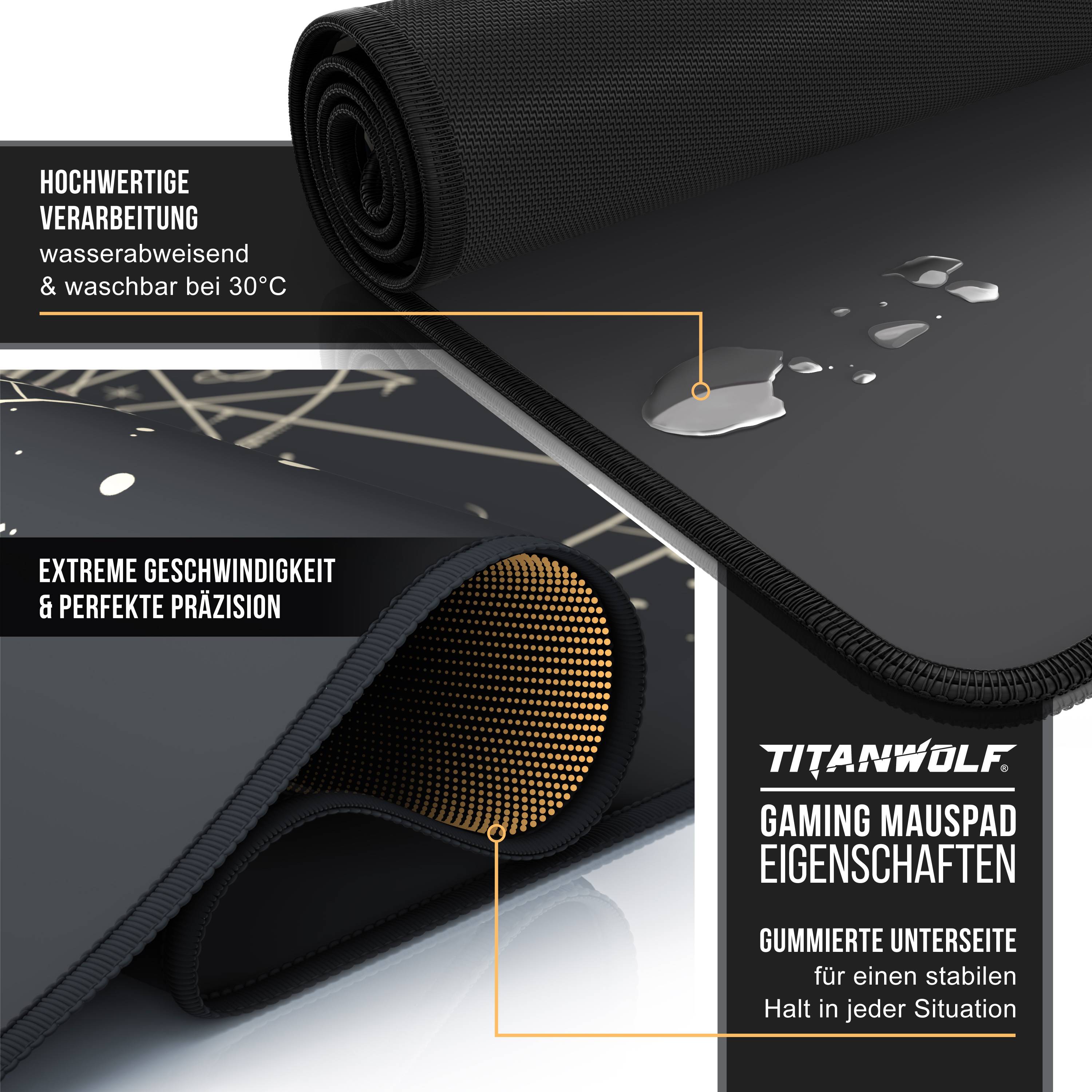 Titanwolf XXL Speed Gaming Mauspad Titanwolf Schwarz 900 x 400mm, XXL Mousepad, Tischunterlage Large Size, verbessert Präzision und Geschwindigkeit