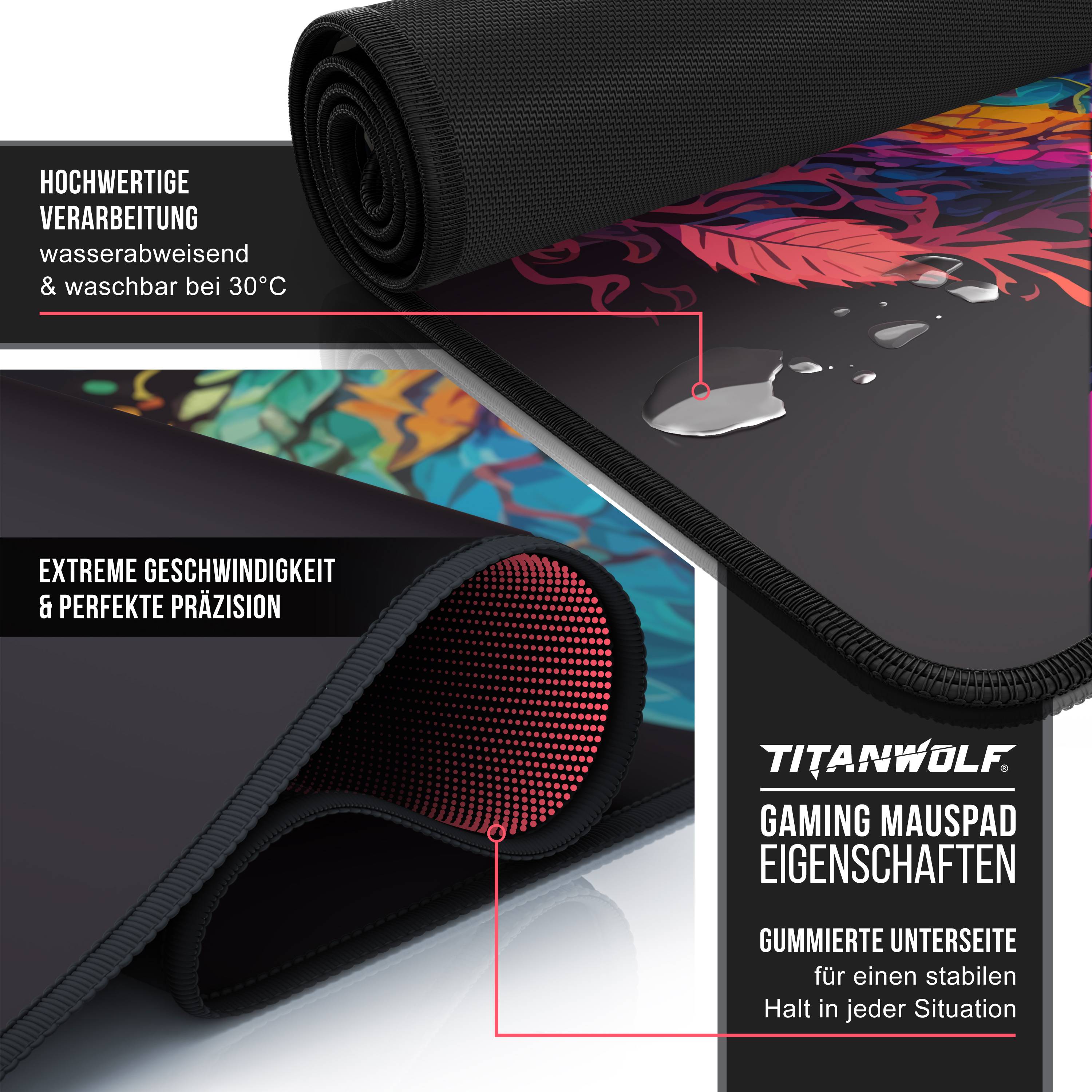 Titanwolf XXL Speed Gaming Mauspad Titanwolf Schwarz 900 x 400mm, XXL Mousepad, Tischunterlage Large Size, verbessert Präzision und Geschwindigkeit