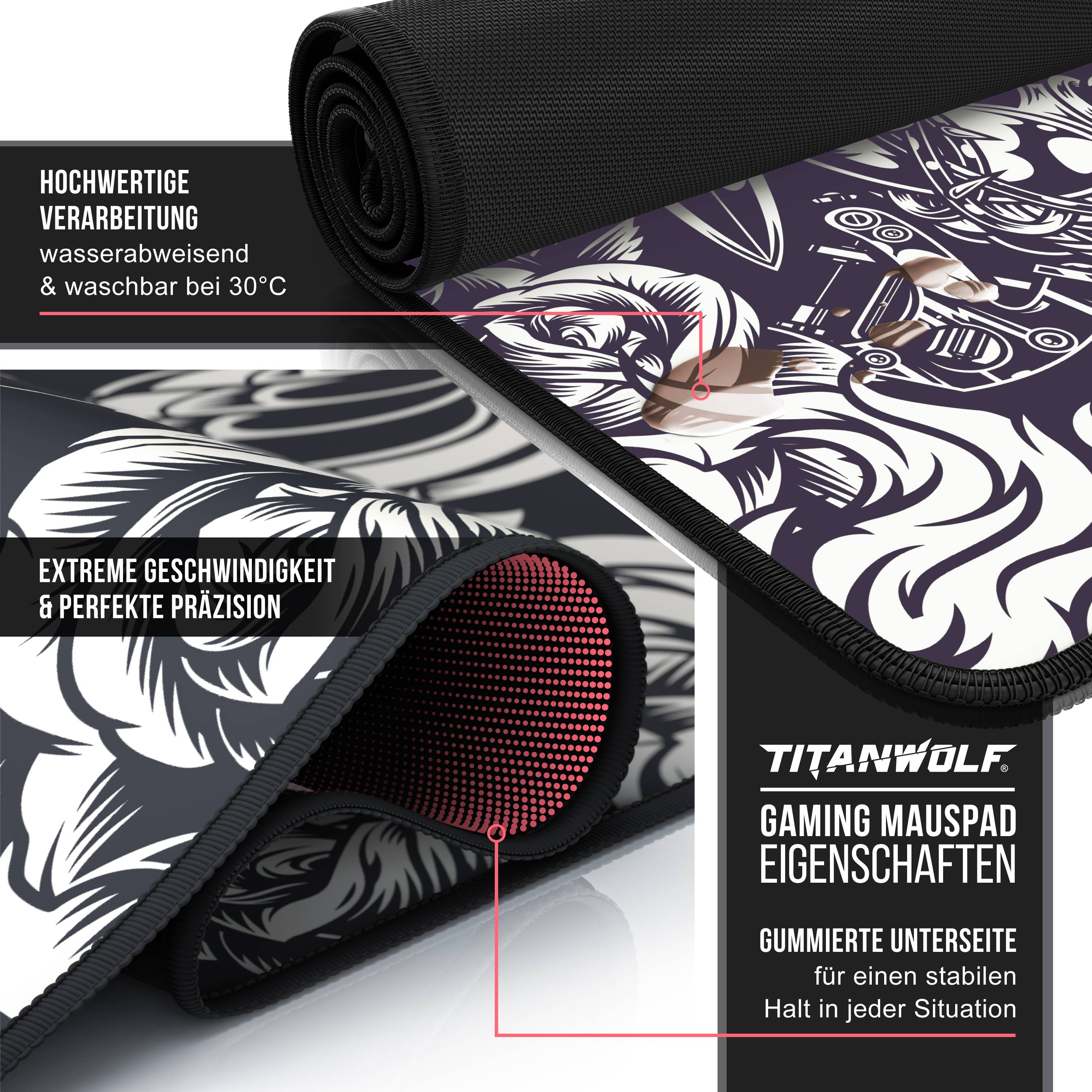 Titanwolf XXL Speed Gaming Mauspad Titanwolf Schwarz 900 x 400mm, XXL Mousepad, Tischunterlage Large Size, verbessert Präzision und Geschwindigkeit