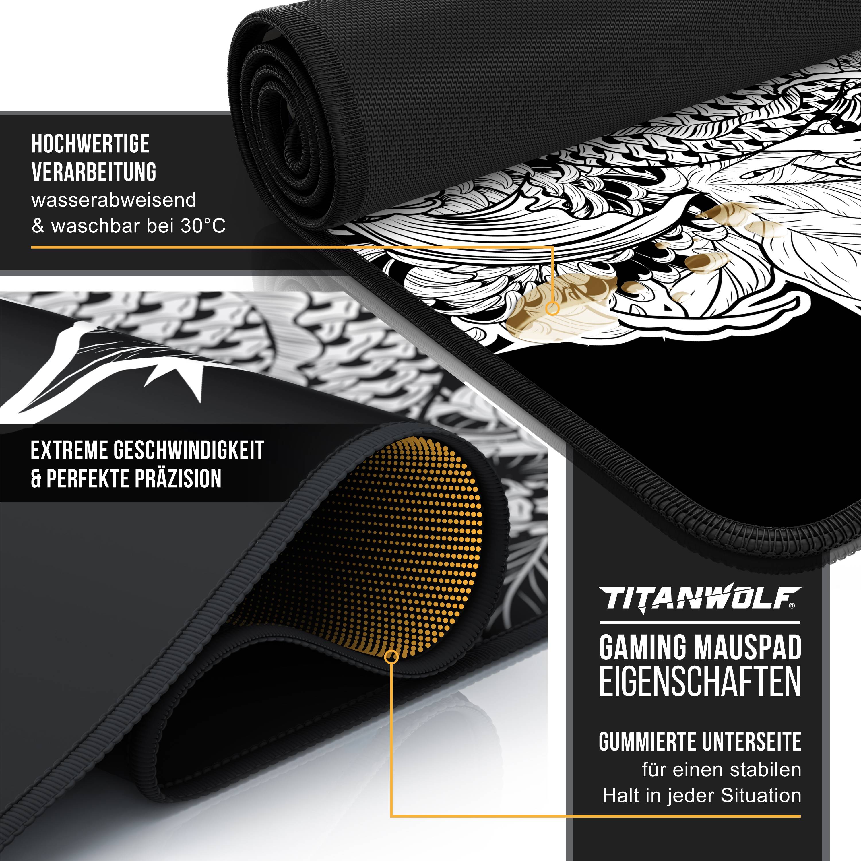 Titanwolf XXL Speed Gaming Mauspad Titanwolf Schwarz 900 x 400mm, XXL Mousepad, Tischunterlage Large Size, verbessert Präzision und Geschwindigkeit