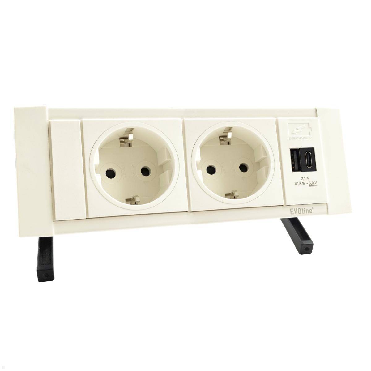 EVOline DockSquare 2-fach Steckdose 1x USB-A/C mit Befestigungszwingen, weiß