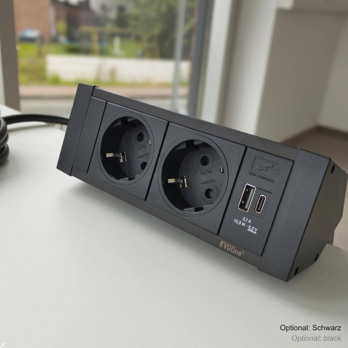 EVOline DockSquare 2-fach Steckdose 1x USB-A/C mit Befestigungszwingen, weiß