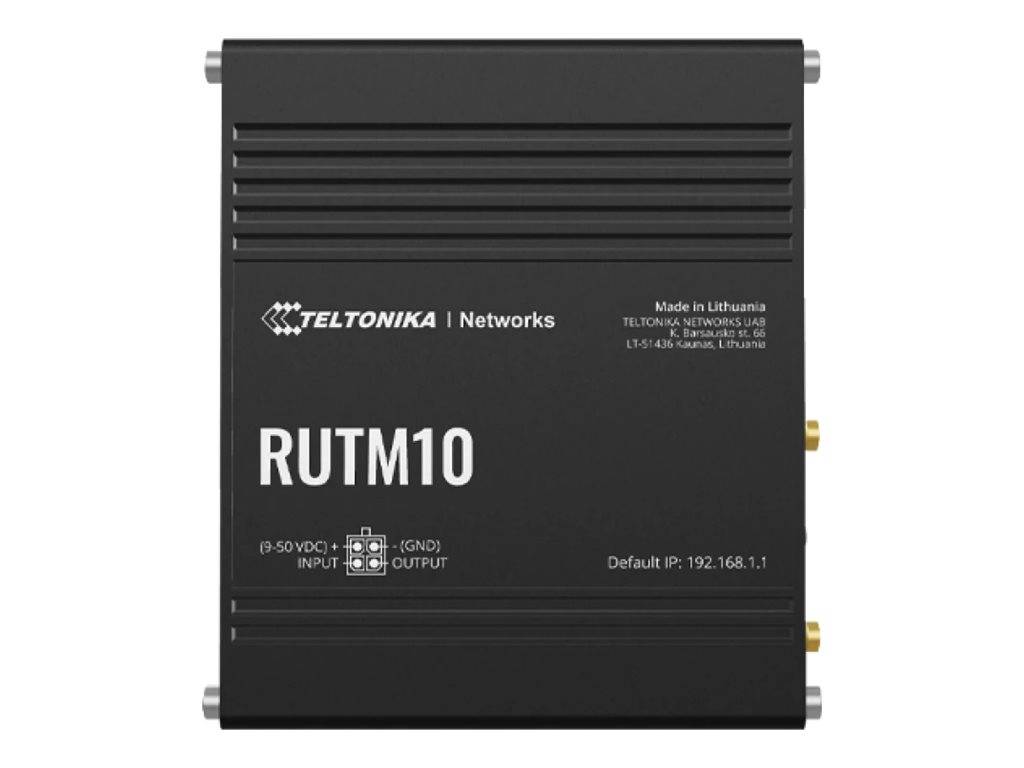 Schwarzer Teltonika Networks RUTM10 Industrie-Router-Modem mit Modellbezeichnung und Standard-IP 192.168.1.1.