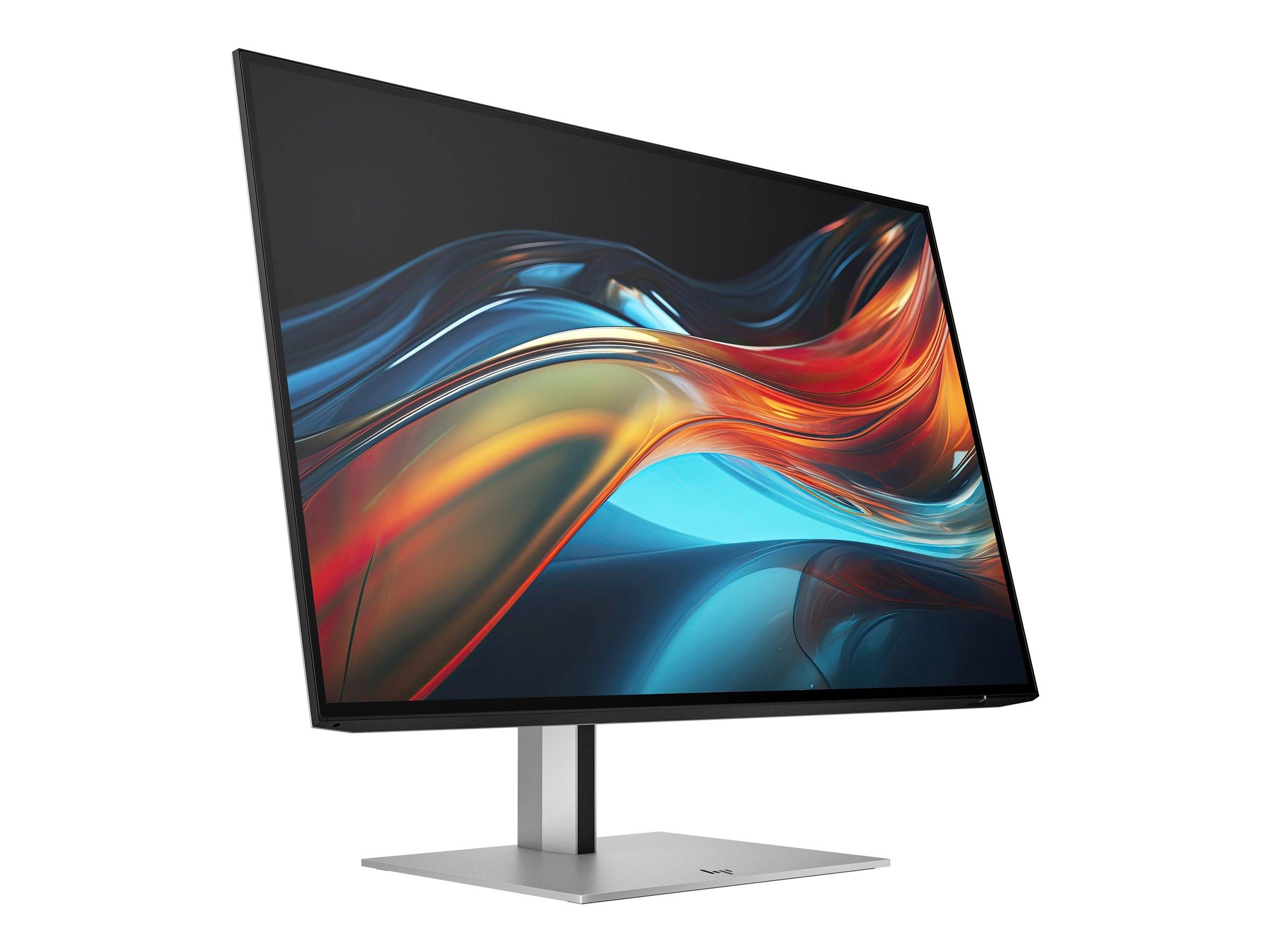 Flachbildschirm-Computermonitor auf einem silbernen Ständer mit farbenfroher abstrakter Wellen-Tapete auf weißem Hintergrund.