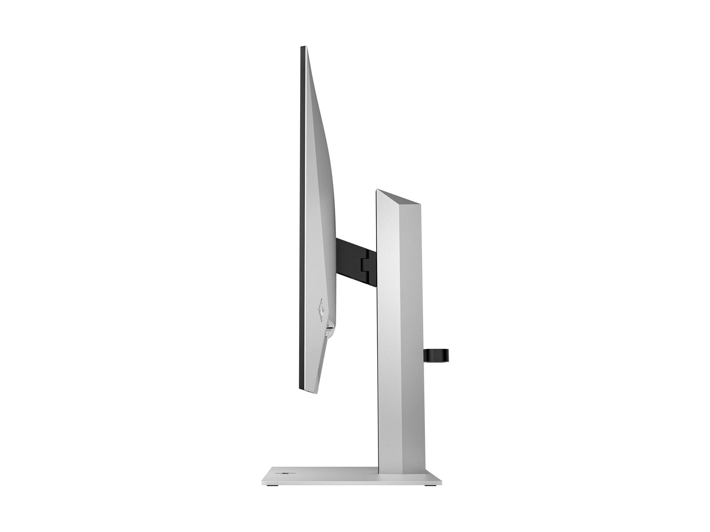 Seitenansicht eines Flachbildschirms auf einem rechteckigen Ständer mit verstellbarem Arm, isoliert auf weißem Hintergrund.
