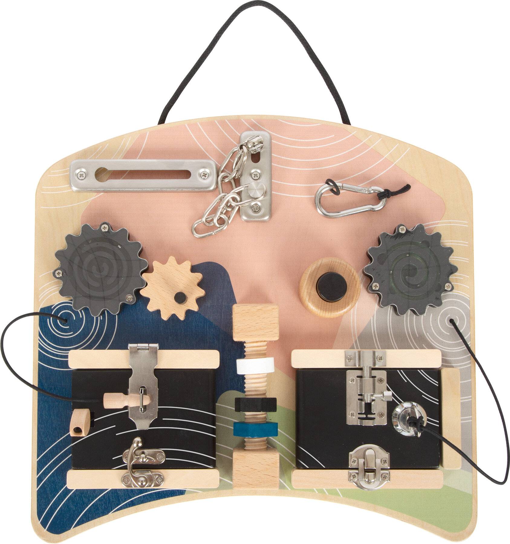 Beschäftigungsbrett für Kinder mit Verschlüssen, Zahnrädern, Schaltern und einem Griff für sensorisches Spiel und Feinmotorik-Training.