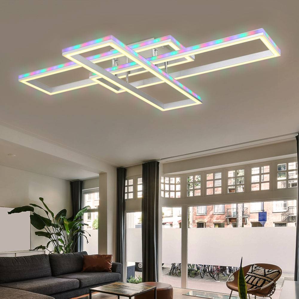 Deckenleuchte Wohnzimmerlampe Deckenlampe Esszimmerleuchte Flurlampe, Metall Kunststoff silber, Fernbedienung dimmbar RGB LED Rainbow Effekt, 1x