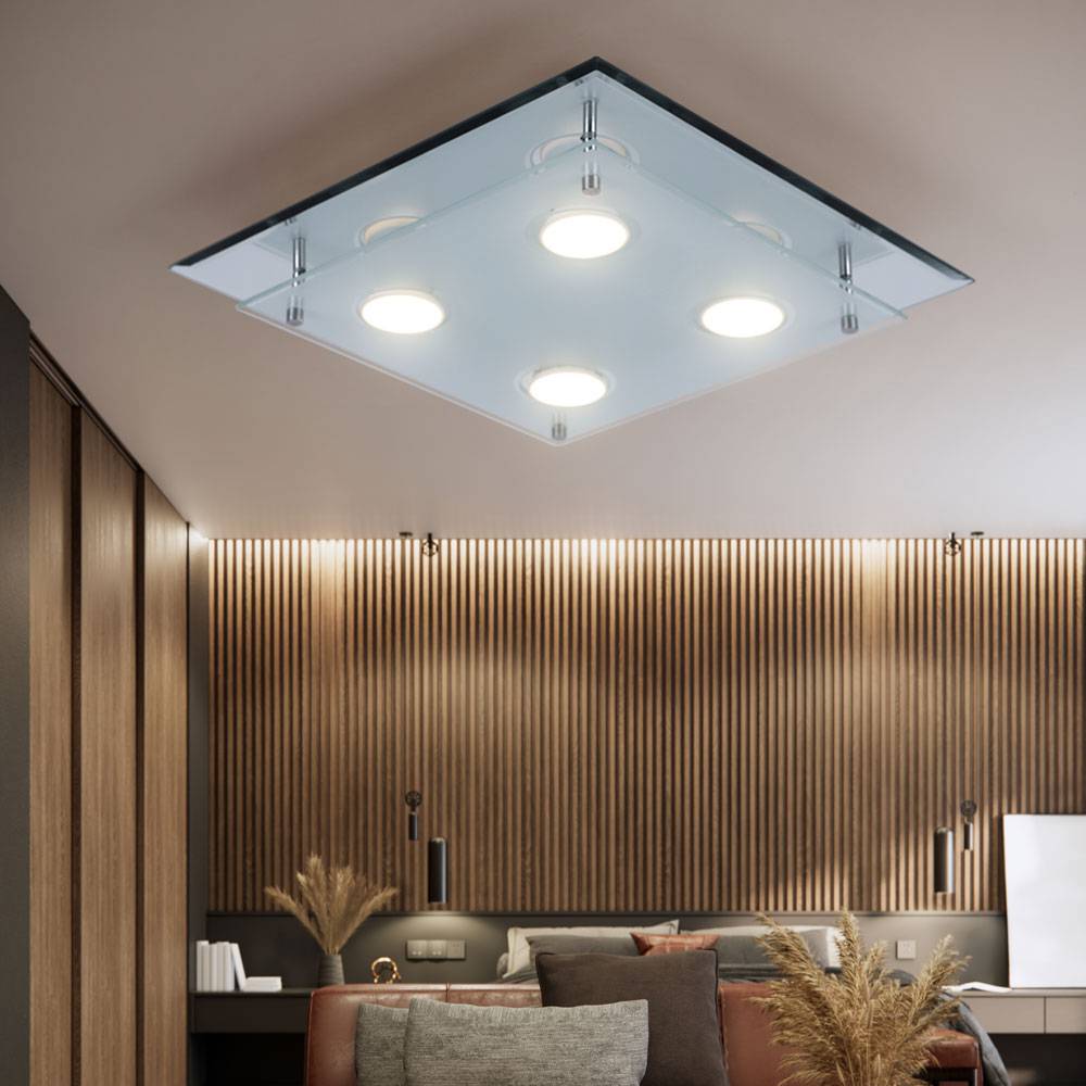 Deckenleuchte Deckenlampe Wohnzimmerleuchte Schlafzimmer, 4 flammig, Chrom Glas klar, 4x LED 3W 180Lm 3000K, HxLxB 8x34x34 cm, 2er Set