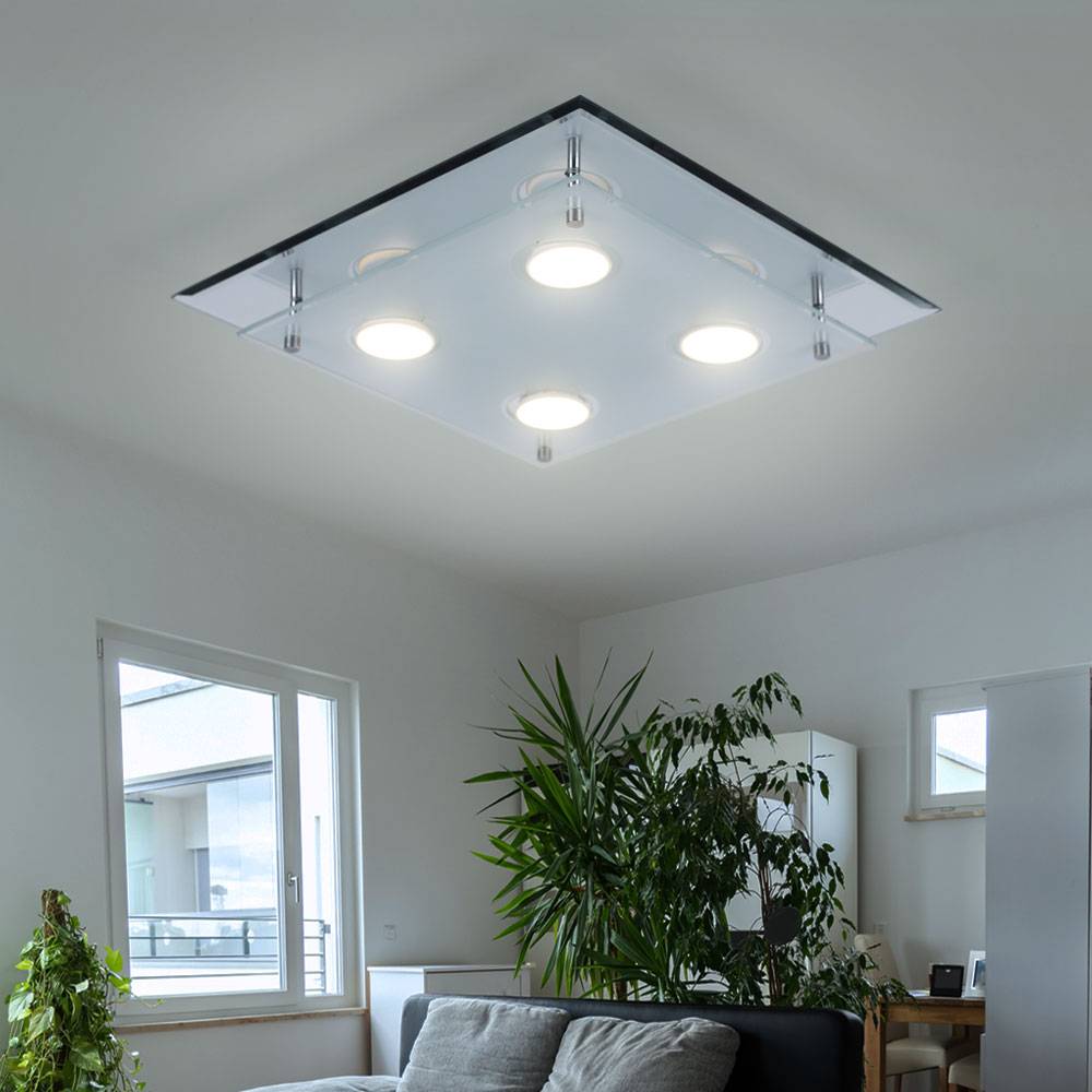 Deckenleuchte Deckenlampe Wohnzimmerleuchte Schlafzimmer, 4 flammig, Chrom Glas klar, 4x LED 3W 180Lm 3000K, HxLxB 8x34x34 cm, 2er Set
