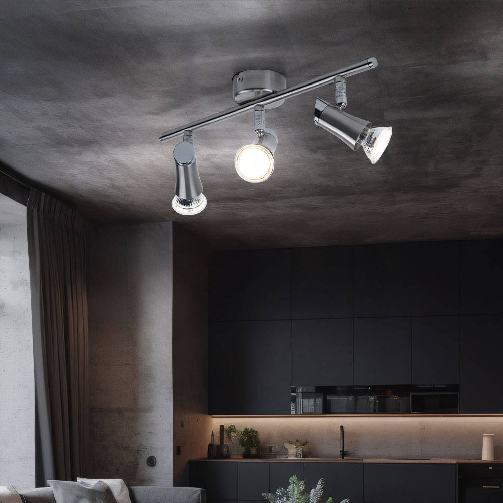 Deckenleuchte Spotleiste Deckenlampe mit beweglichen Spots 3 flammiger Deckenstrahler, Metall chrom nickel matt, 3x GU10 LED warmweiß, LxH