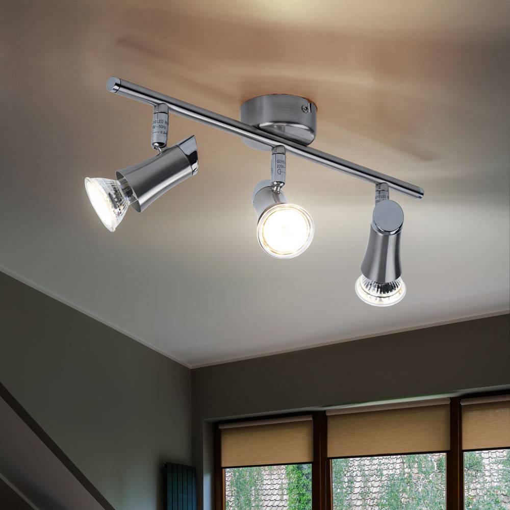Deckenleuchte Spotleiste Deckenlampe mit beweglichen Spots 3 flammiger Deckenstrahler, Metall chrom nickel matt, 3x GU10 LED warmweiß, LxH