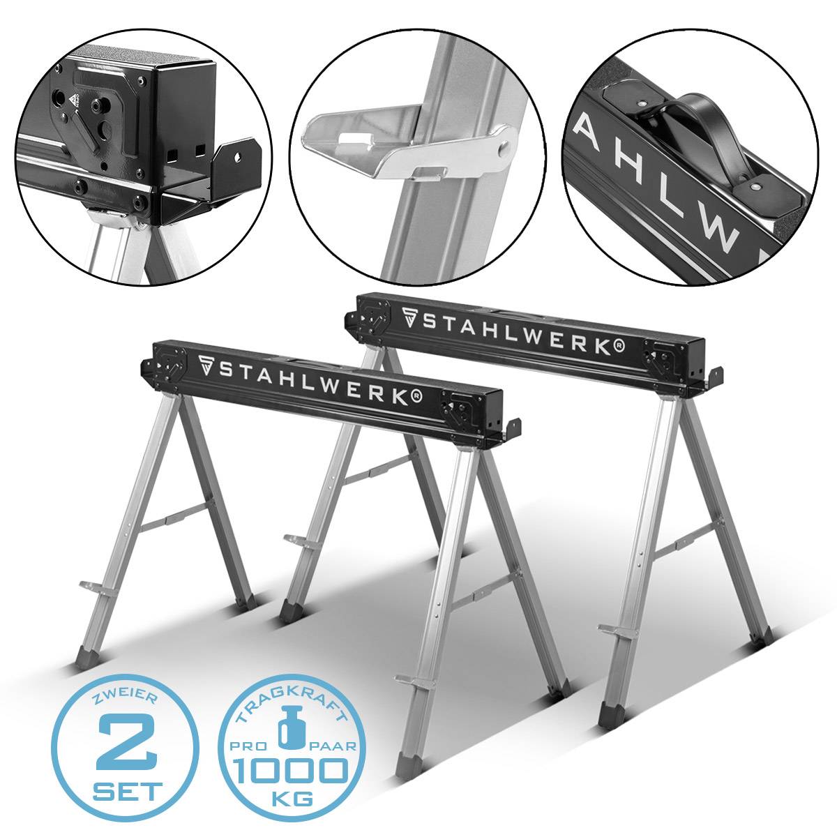 STAHLWERK Sägebock 2er Set 500 kg Universal Arbeitsbock Klappbock Gerüstbock