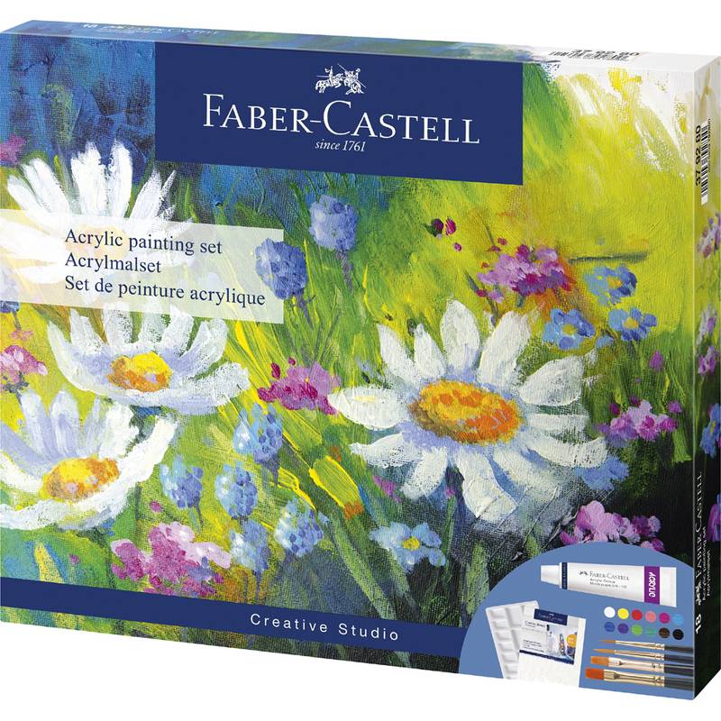 Acrylmalset-Box mit lebhaften Blumen auf dem Deckel, beschriftet mit 'Faber-Castell Creative Studio', enthält Farben, Pinsel und eine Palette.